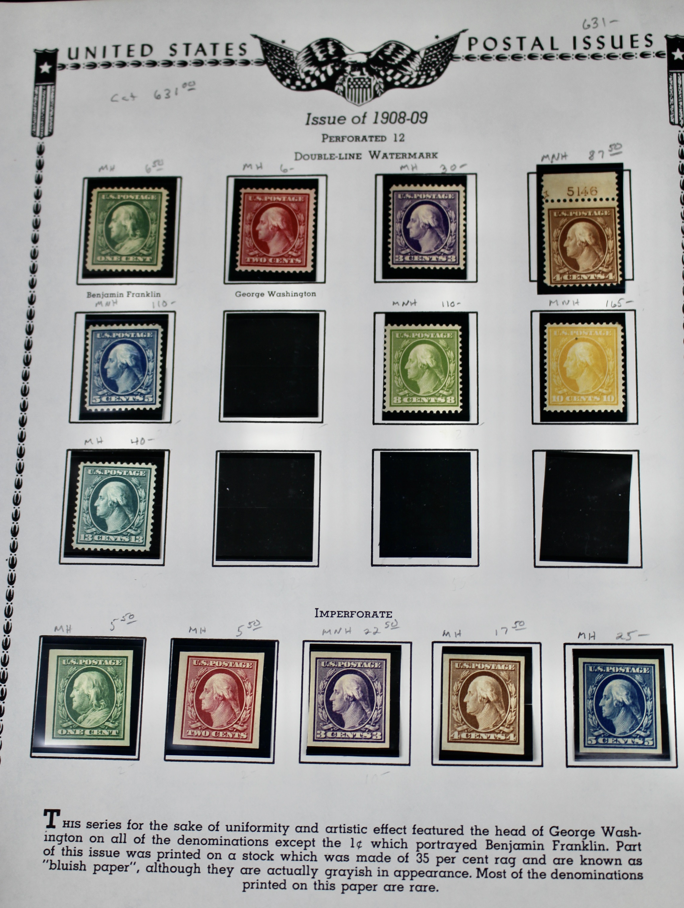 Thirteen Mint and MNH Washington and Franklin Stamp Issues, 1908-09