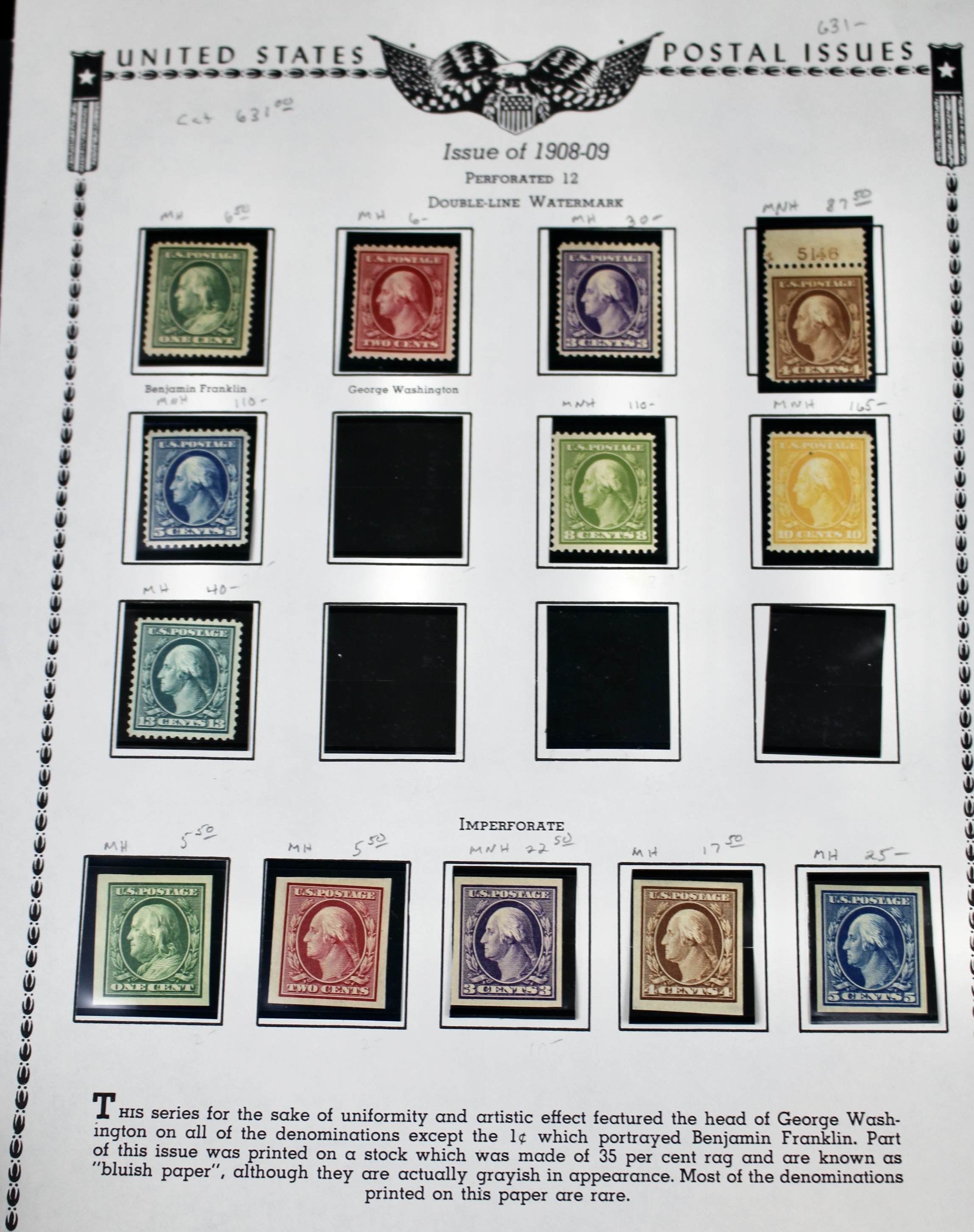 Thirteen Mint and MNH Washington and Franklin Stamp Issues, 1908-09