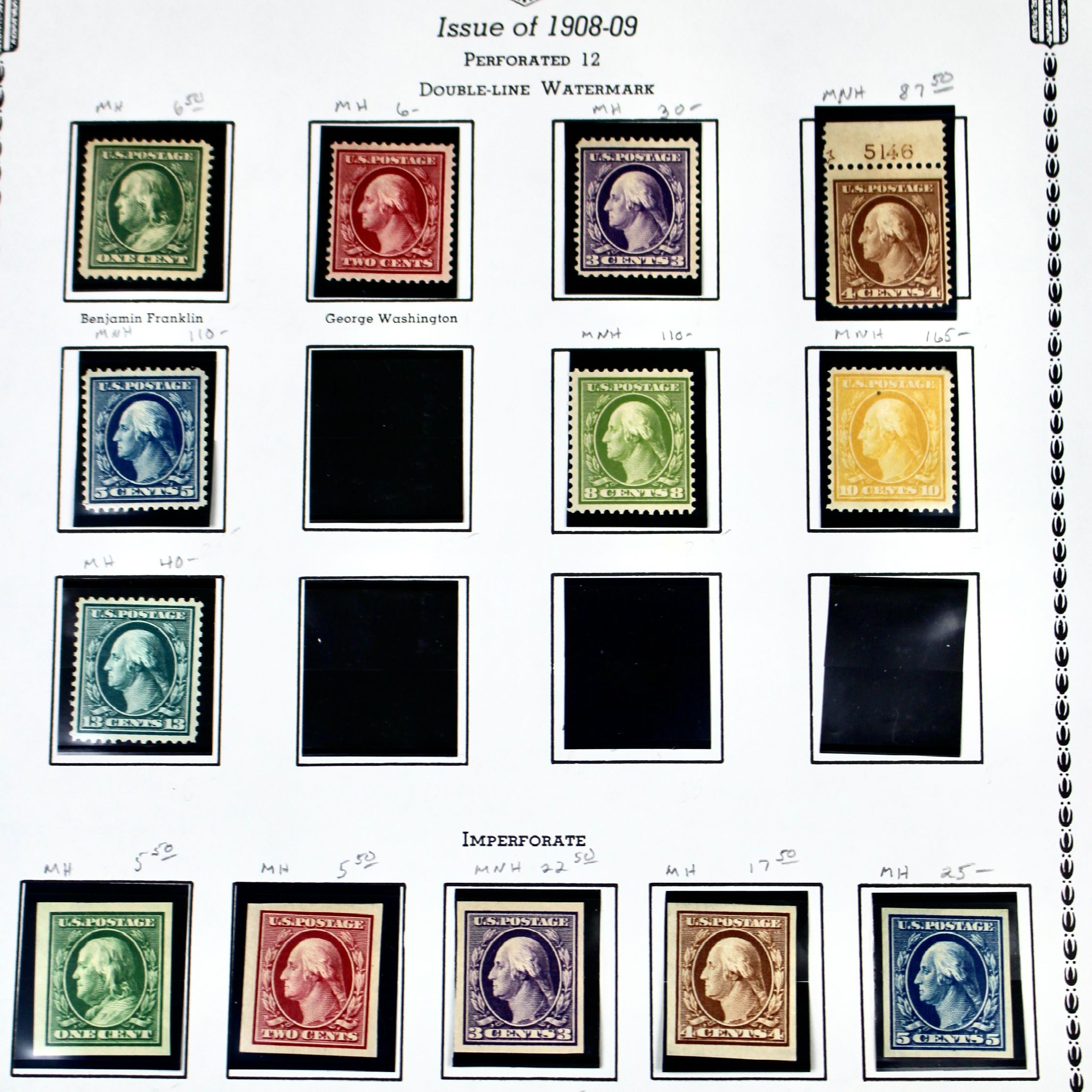 Thirteen Mint and MNH Washington and Franklin Stamp Issues, 1908-09