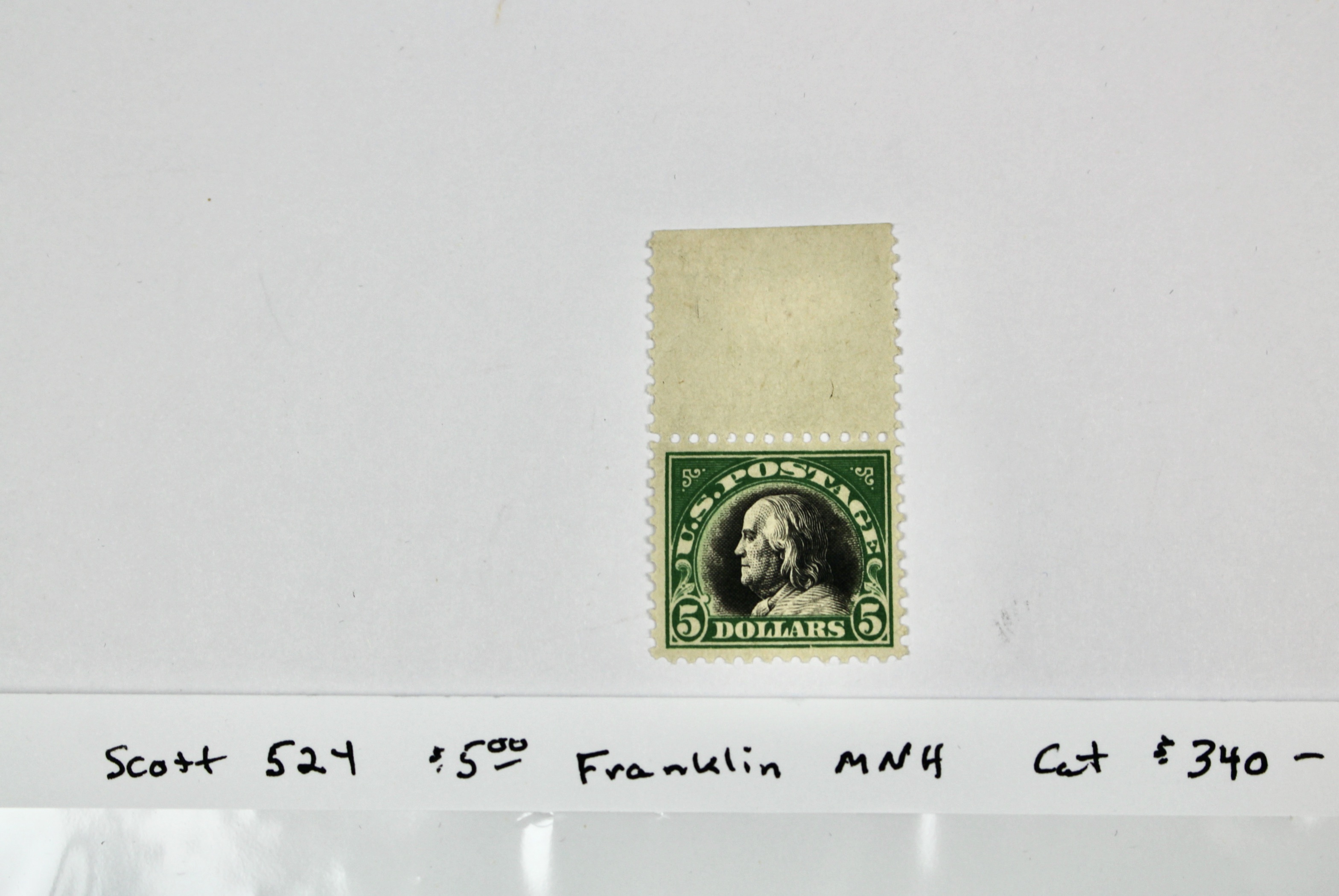 Scott #524 $5 Franklin Postage Stamp from 1918, MNH