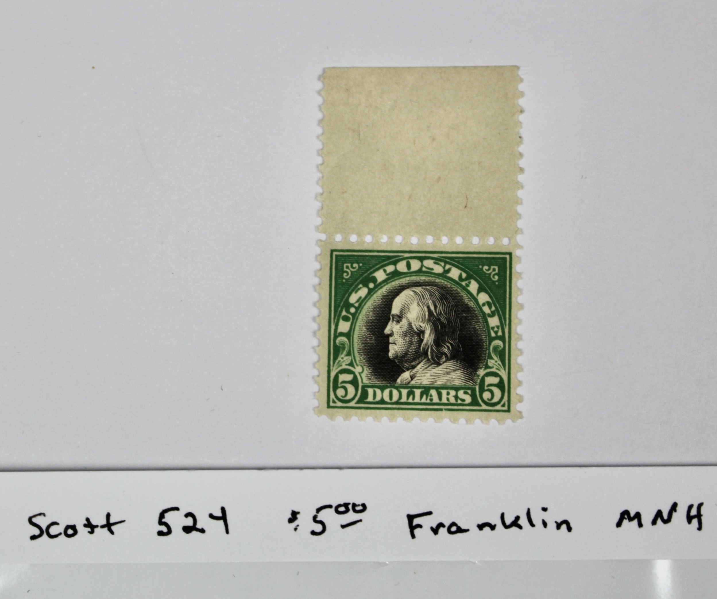 Scott #524 $5 Franklin Postage Stamp from 1918, MNH