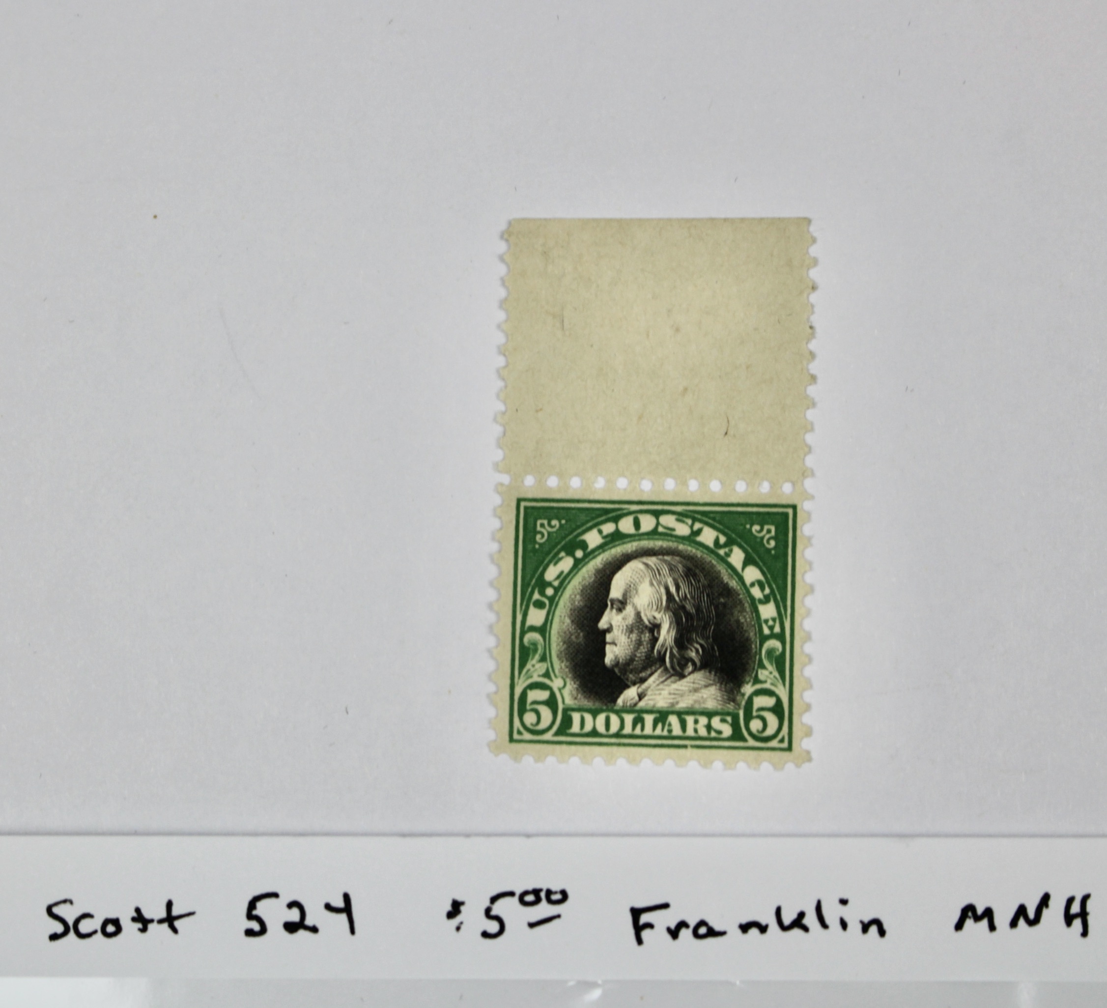Scott #524 $5 Franklin Postage Stamp from 1918, MNH