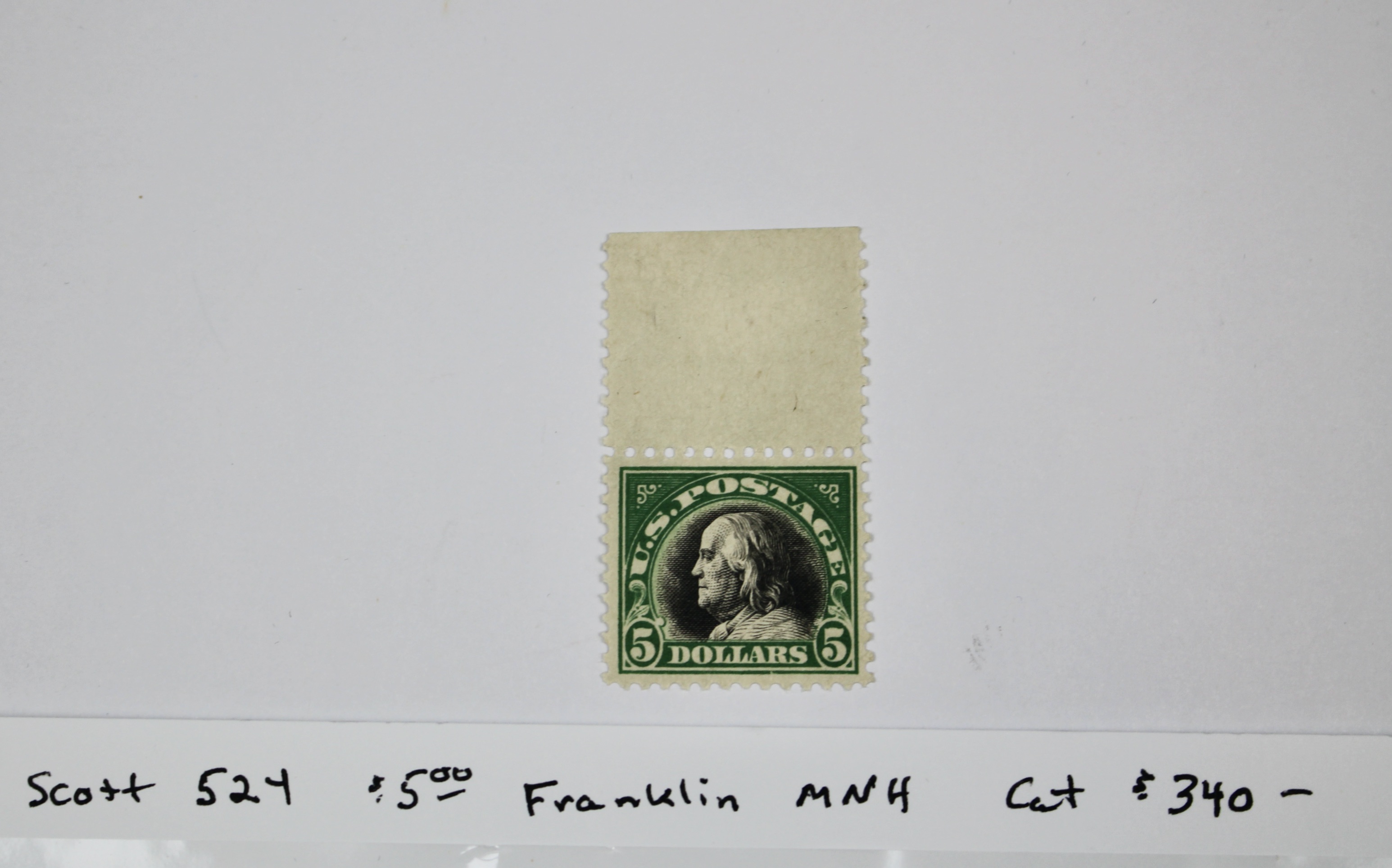 Scott #524 $5 Franklin Postage Stamp from 1918, MNH