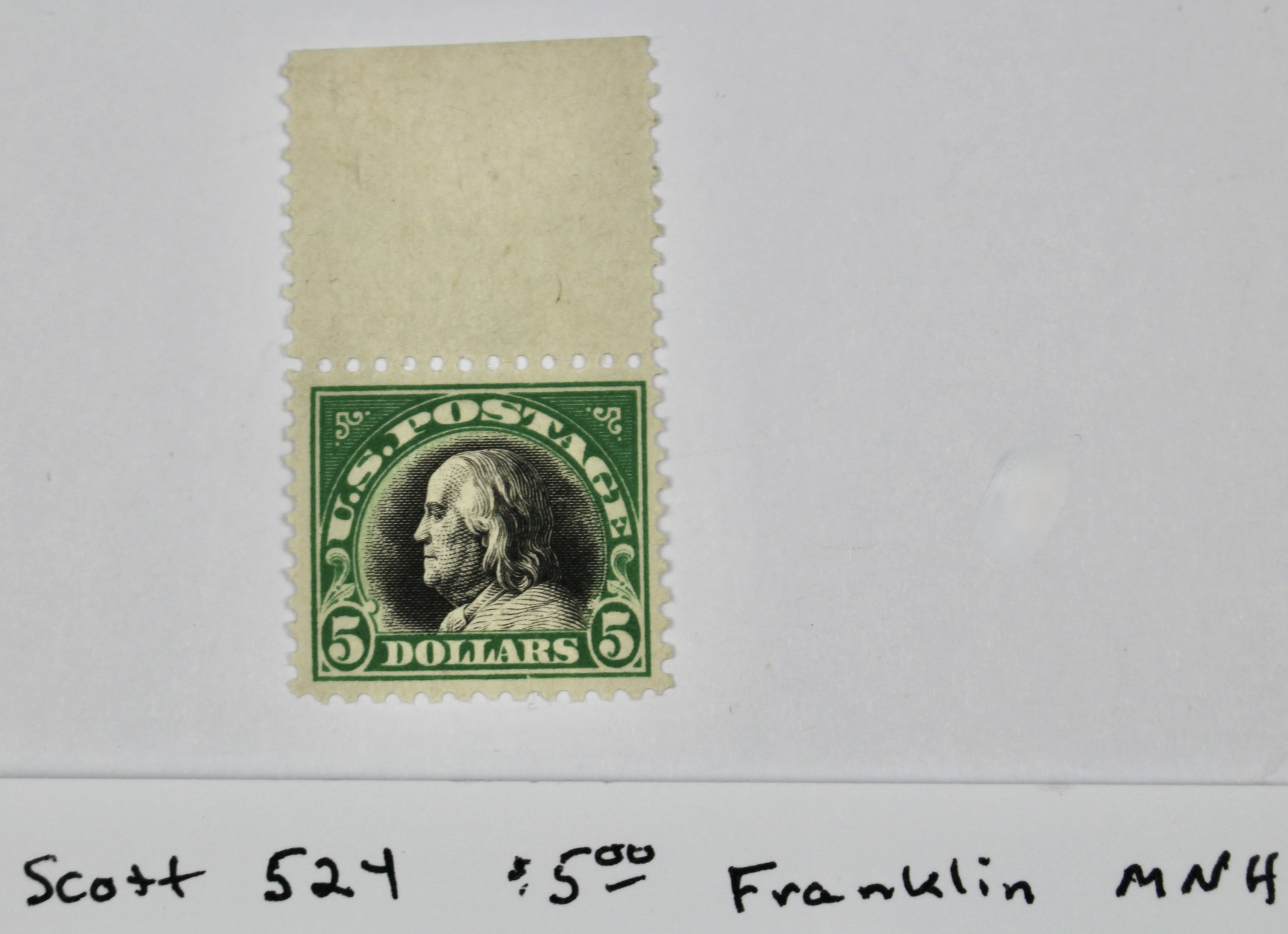 Scott #524 $5 Franklin Postage Stamp from 1918, MNH