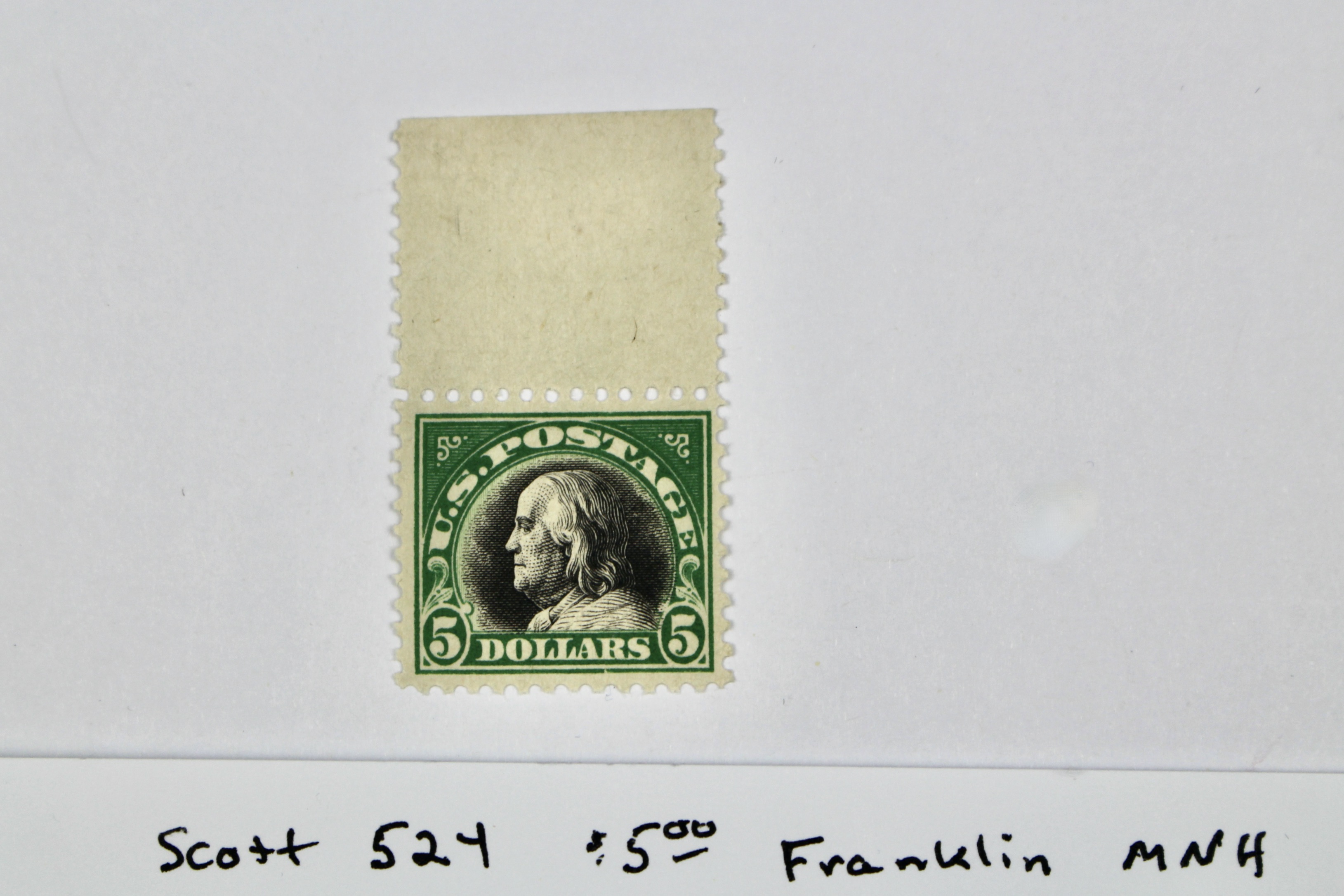 Scott #524 $5 Franklin Postage Stamp from 1918, MNH