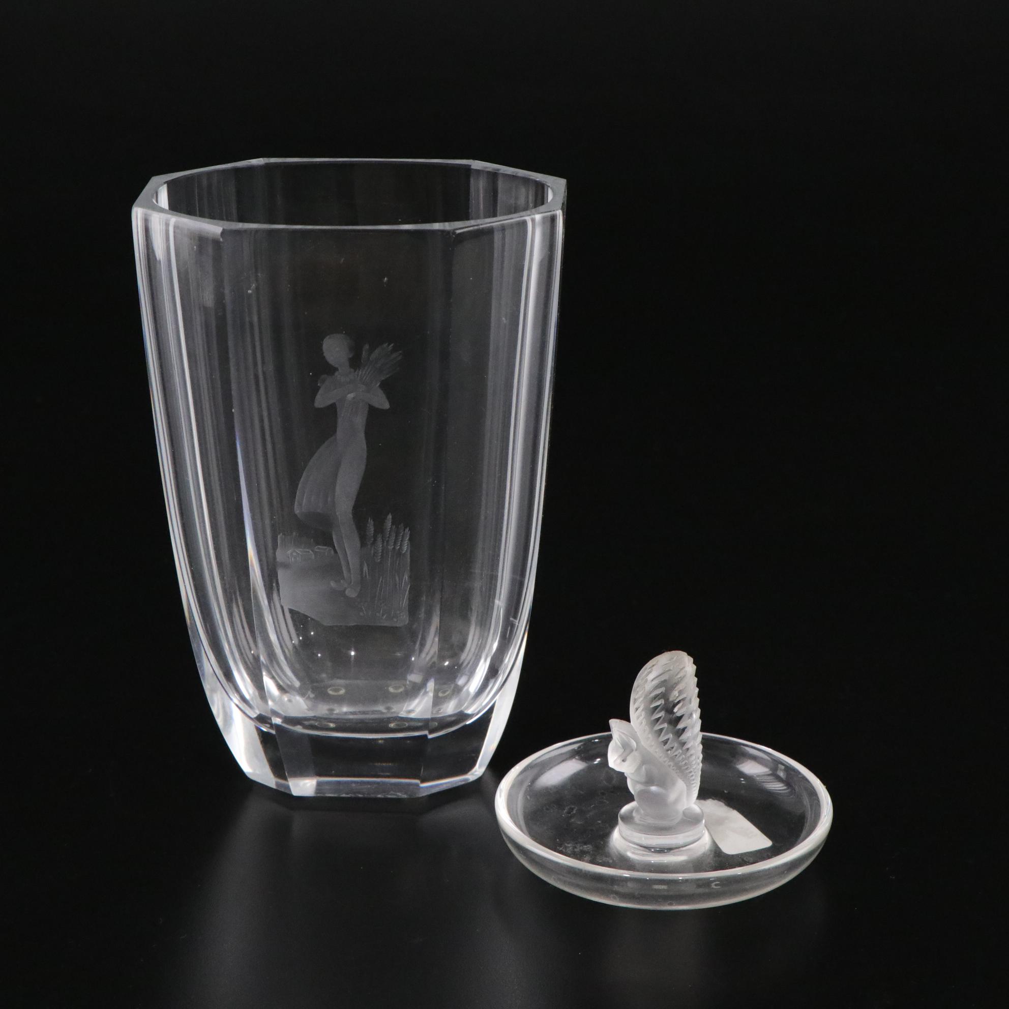 Orrefors Crystal Vase with Cut Harvest Scene and Lalique Ring Dish