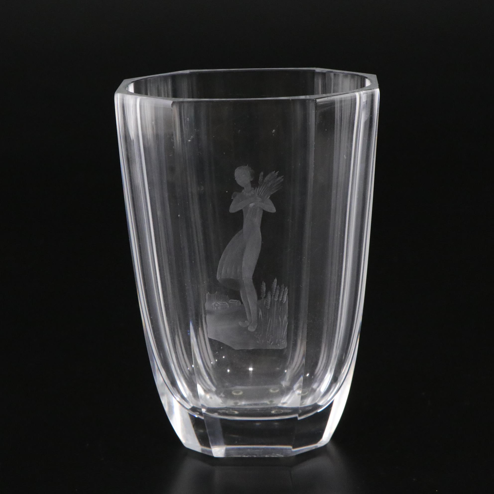 Orrefors Crystal Vase with Cut Harvest Scene and Lalique Ring Dish