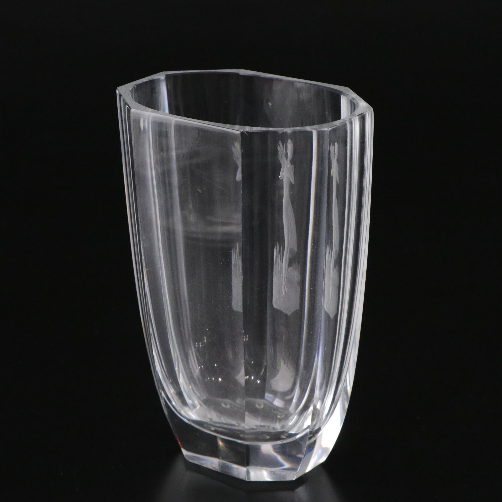 Orrefors Crystal Vase with Cut Harvest Scene and Lalique Ring Dish