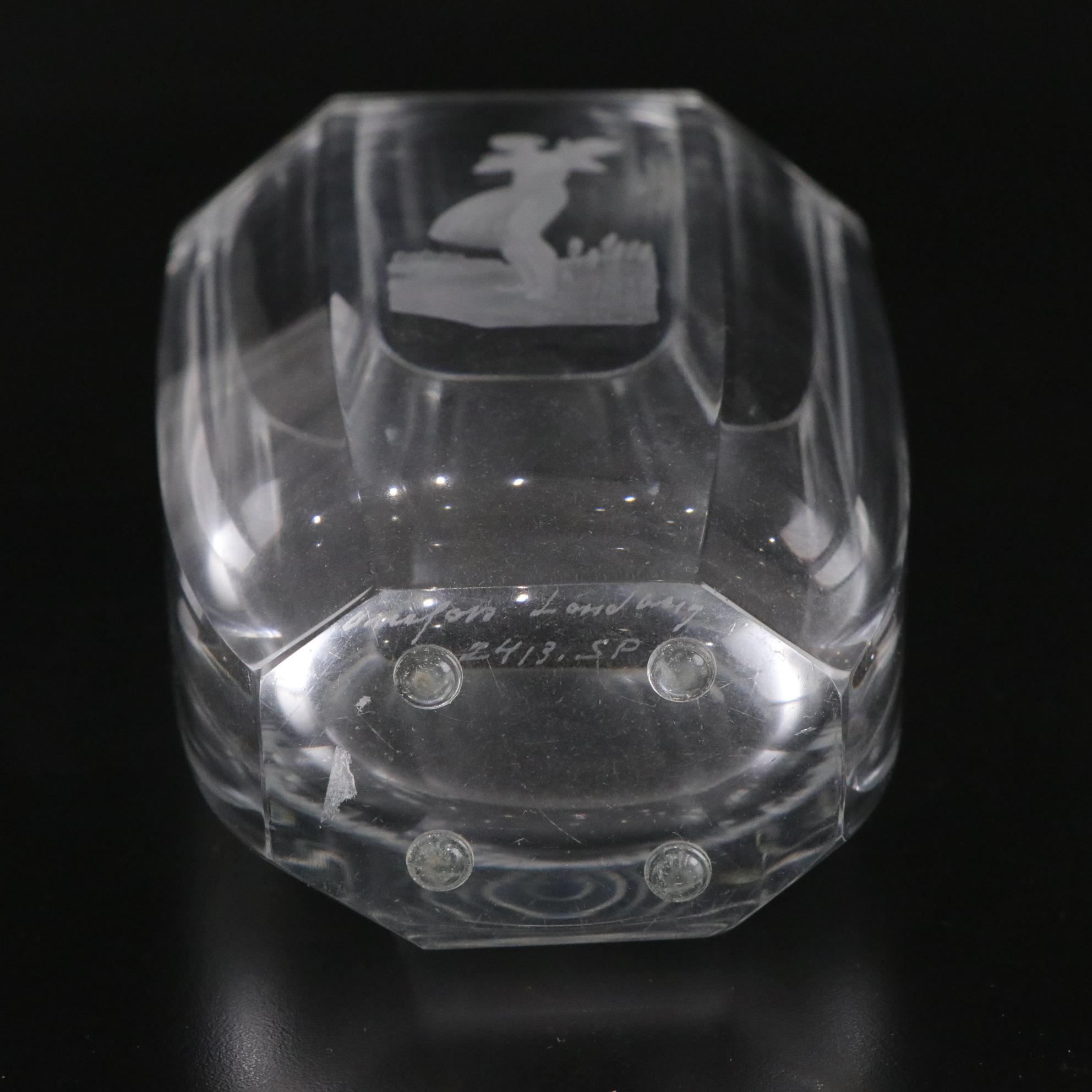 Orrefors Crystal Vase with Cut Harvest Scene and Lalique Ring Dish