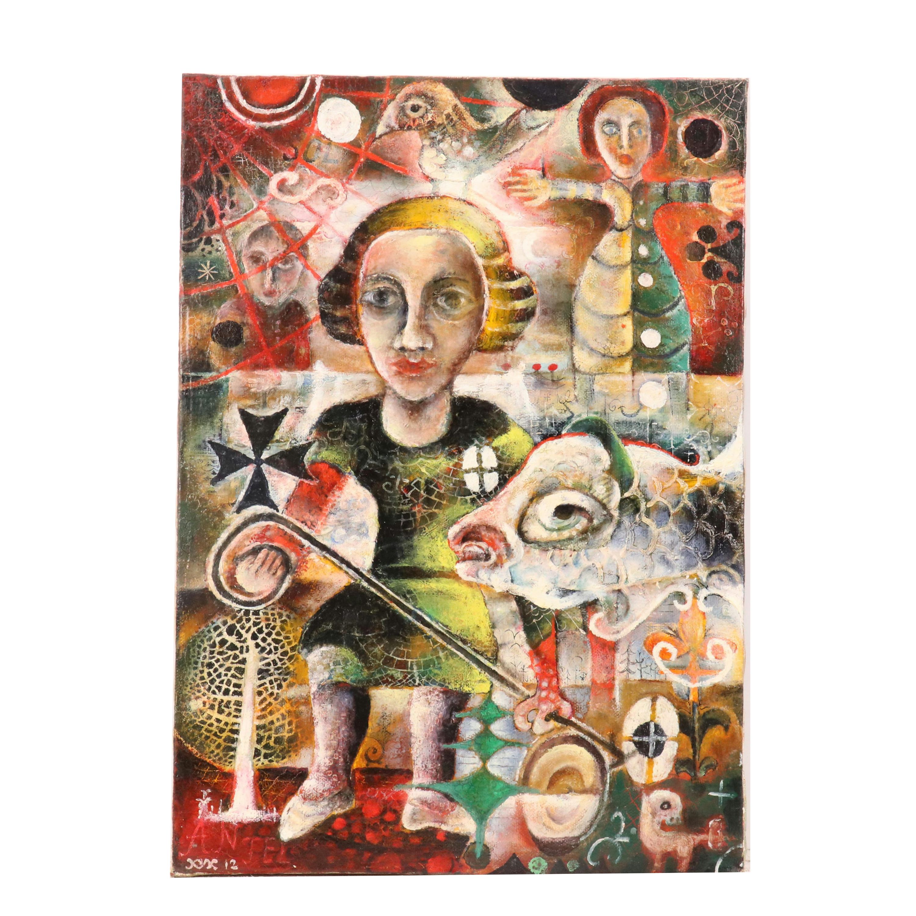 Nikolay "Kuk" Manuylov Figural Surrealist Mixed Media Painting, 2012