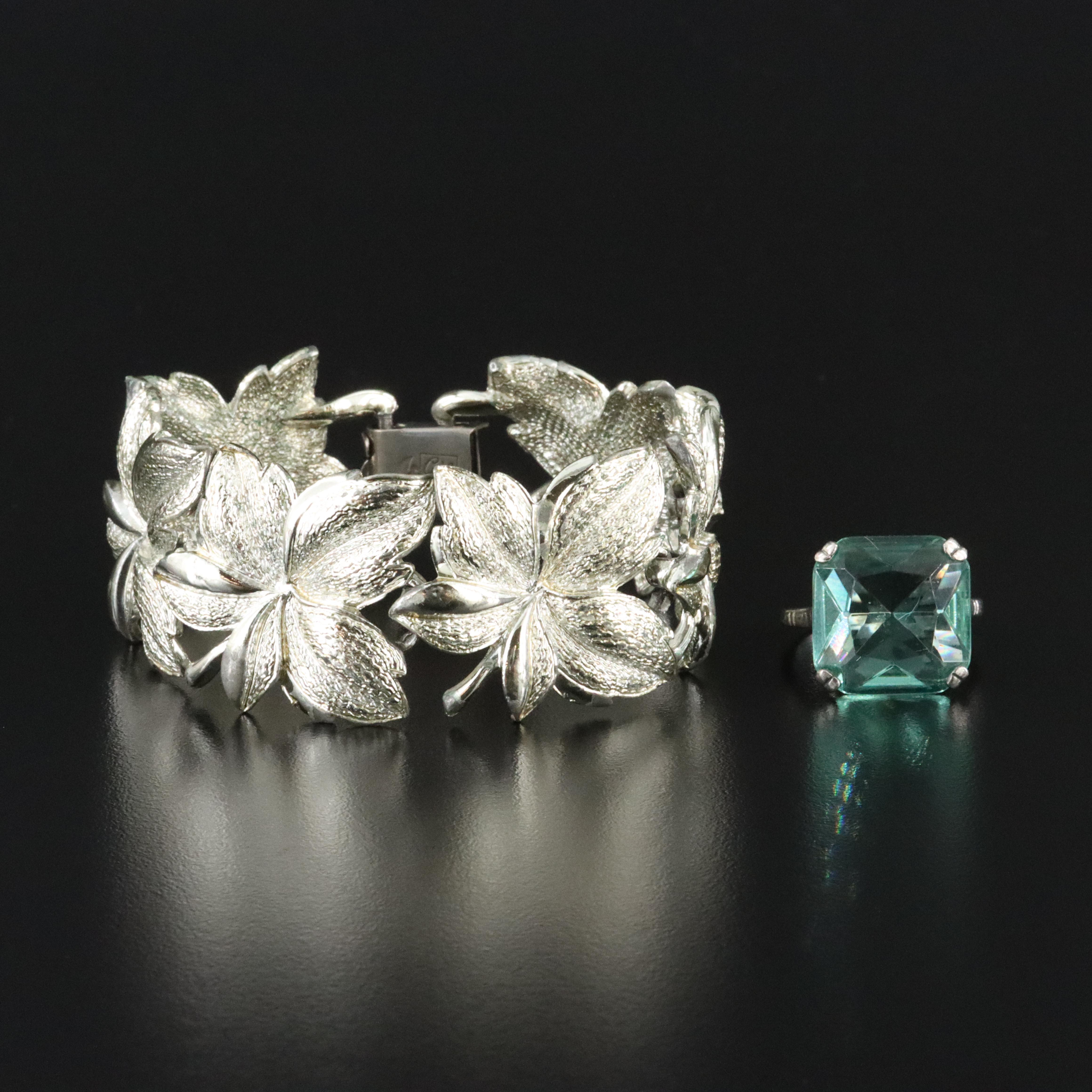 Coro Leaf Panel Bracelet with Sterling Glass Ring