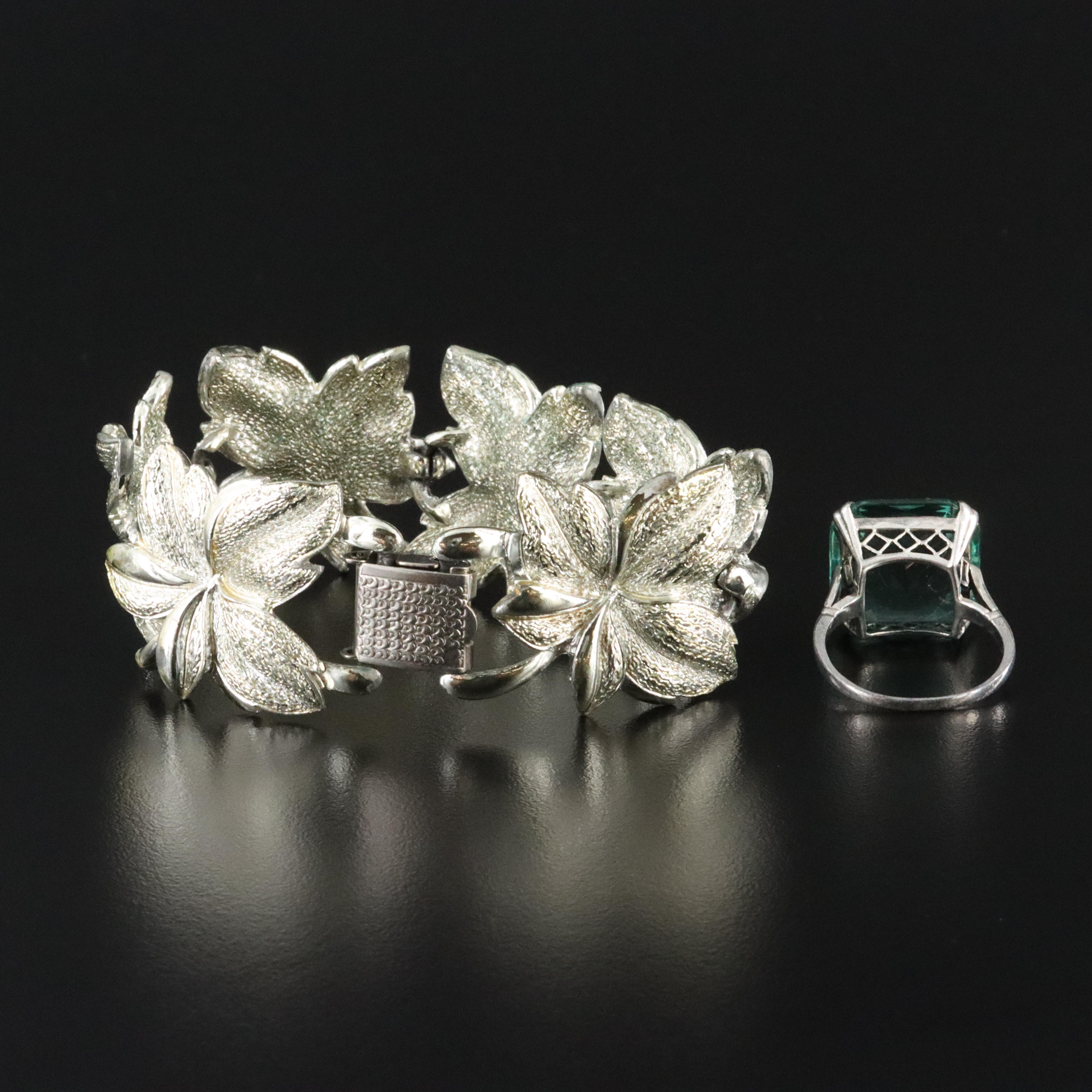 Coro Leaf Panel Bracelet with Sterling Glass Ring