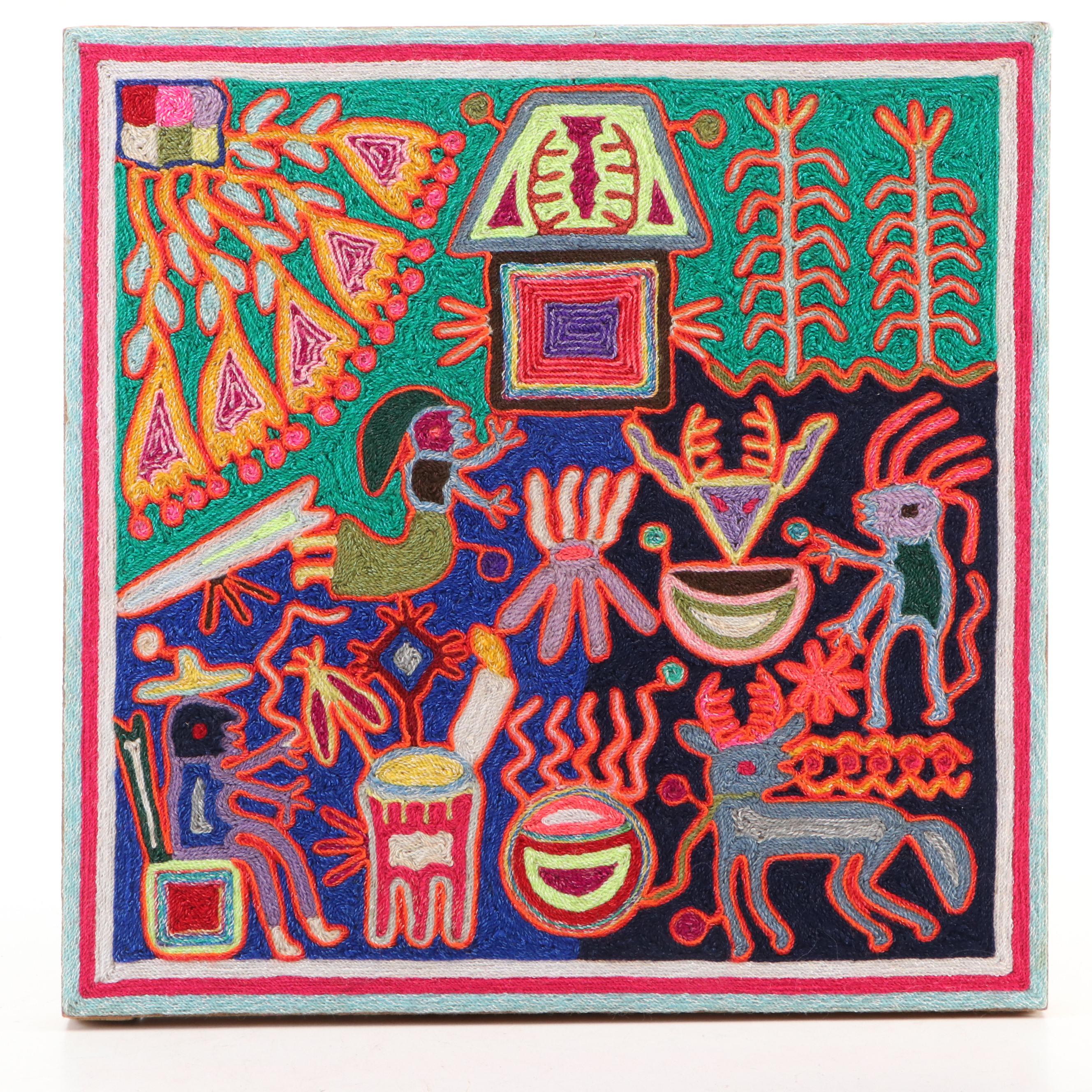 Mexican Huichol Yarn Painting and Red Clay Maria with Flowers Figure