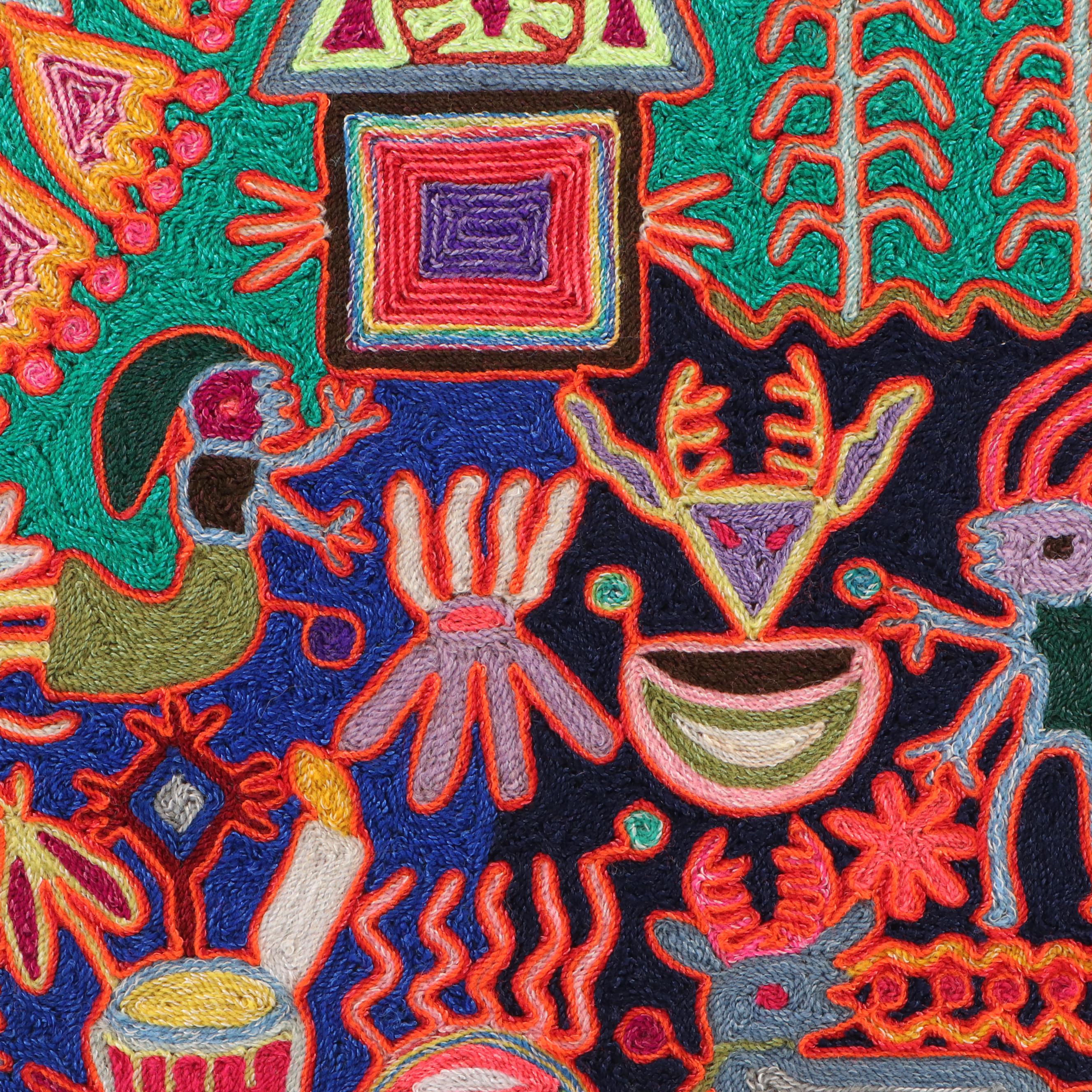 Mexican Huichol Yarn Painting and Red Clay Maria with Flowers Figure