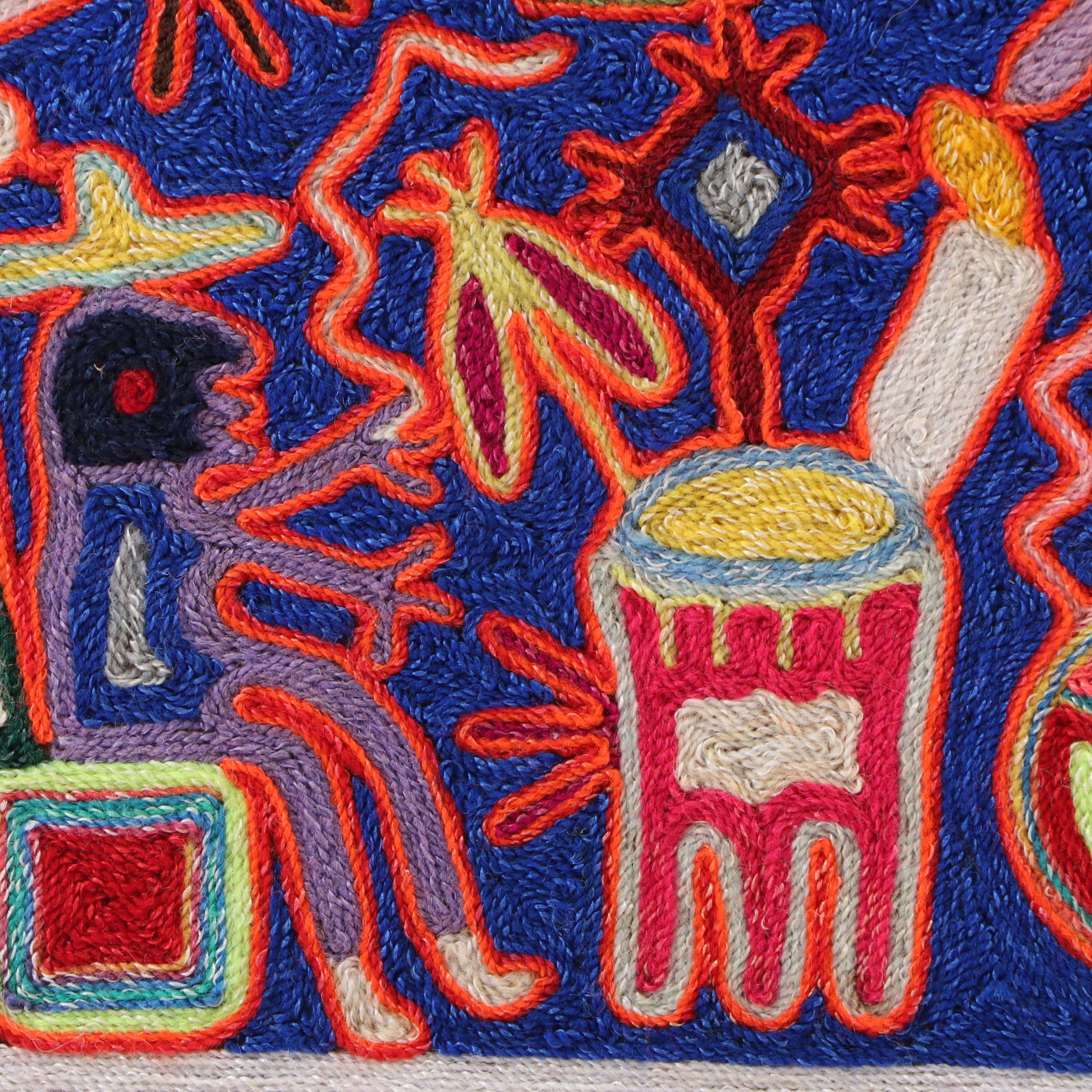 Mexican Huichol Yarn Painting and Red Clay Maria with Flowers Figure