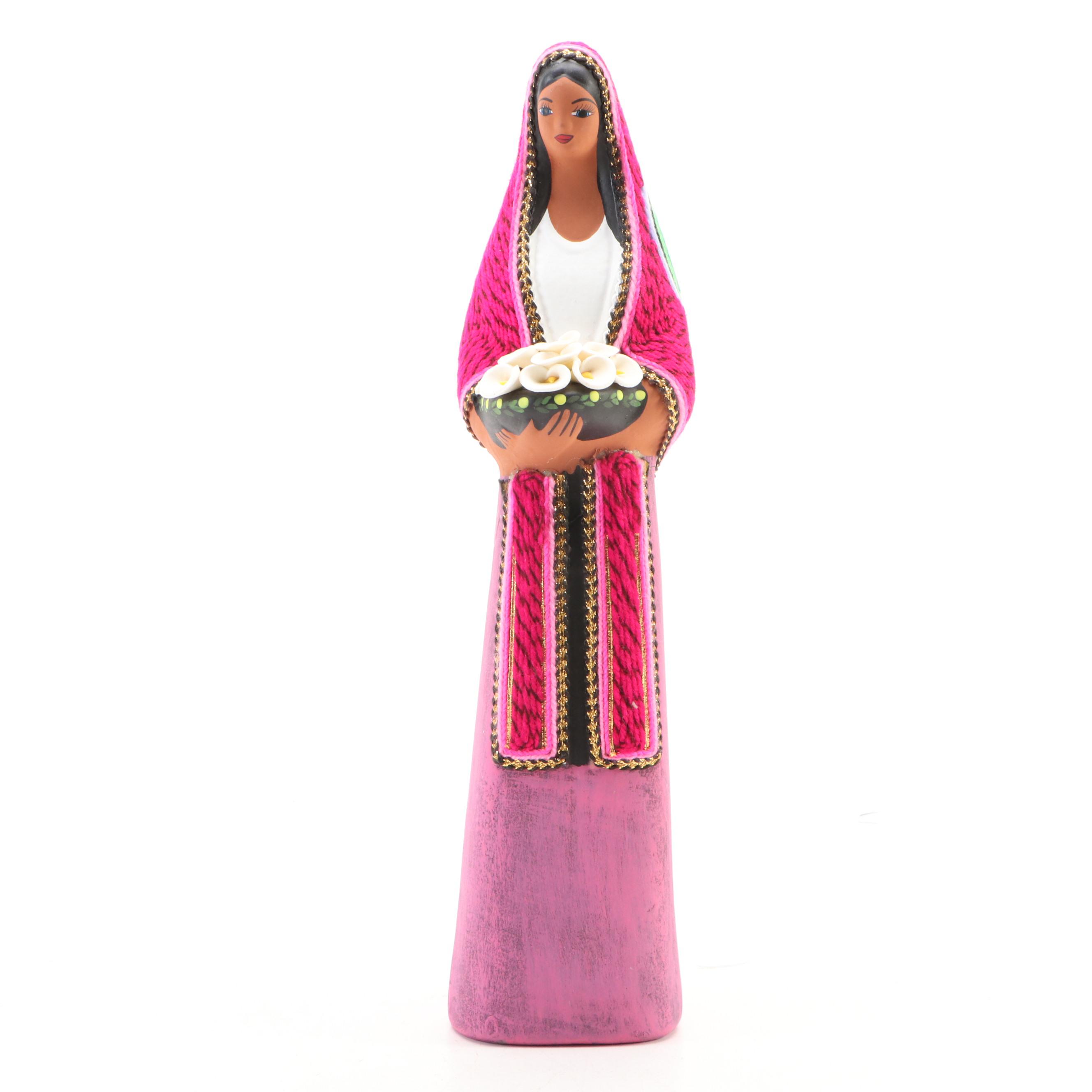 Mexican Huichol Yarn Painting and Red Clay Maria with Flowers Figure