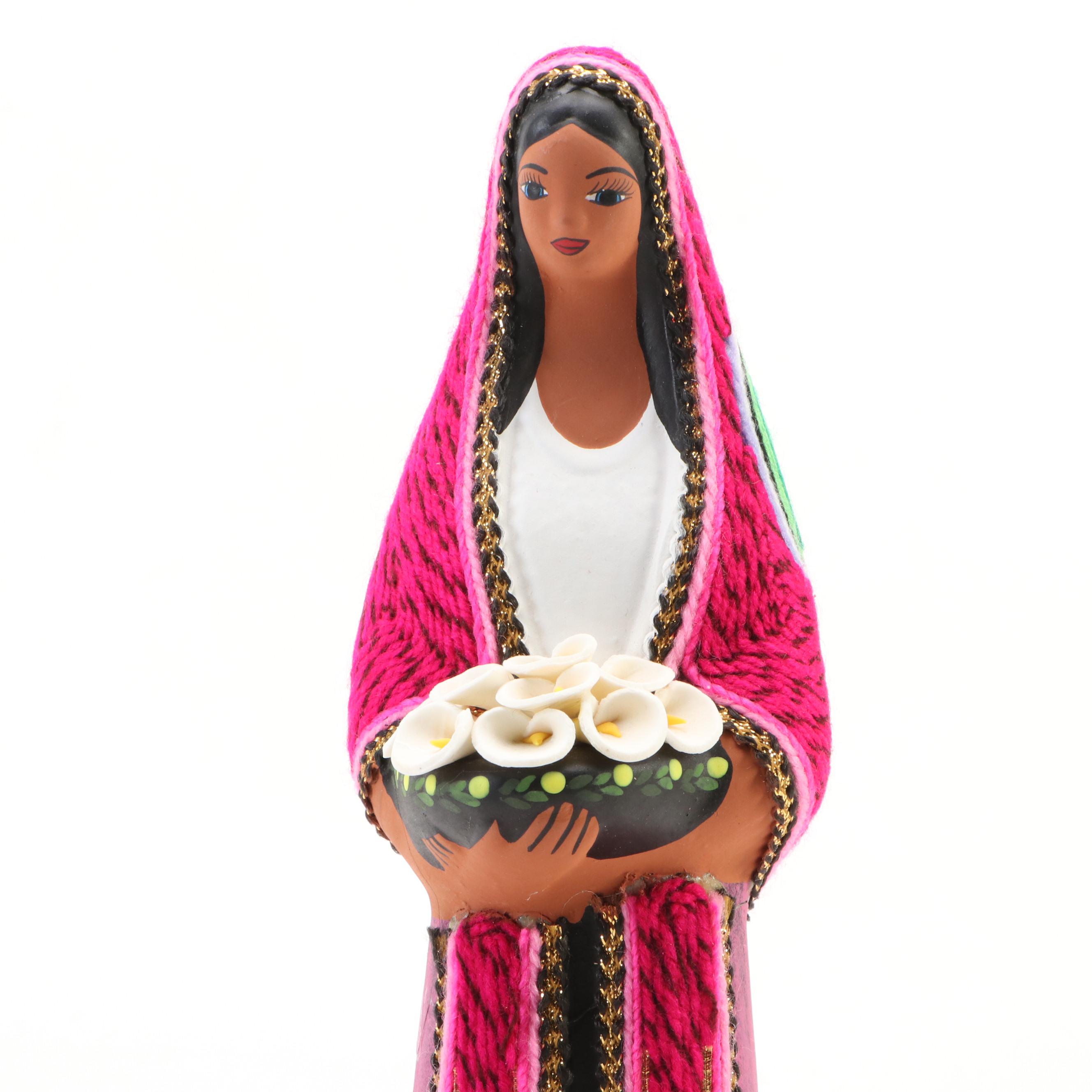 Mexican Huichol Yarn Painting and Red Clay Maria with Flowers Figure