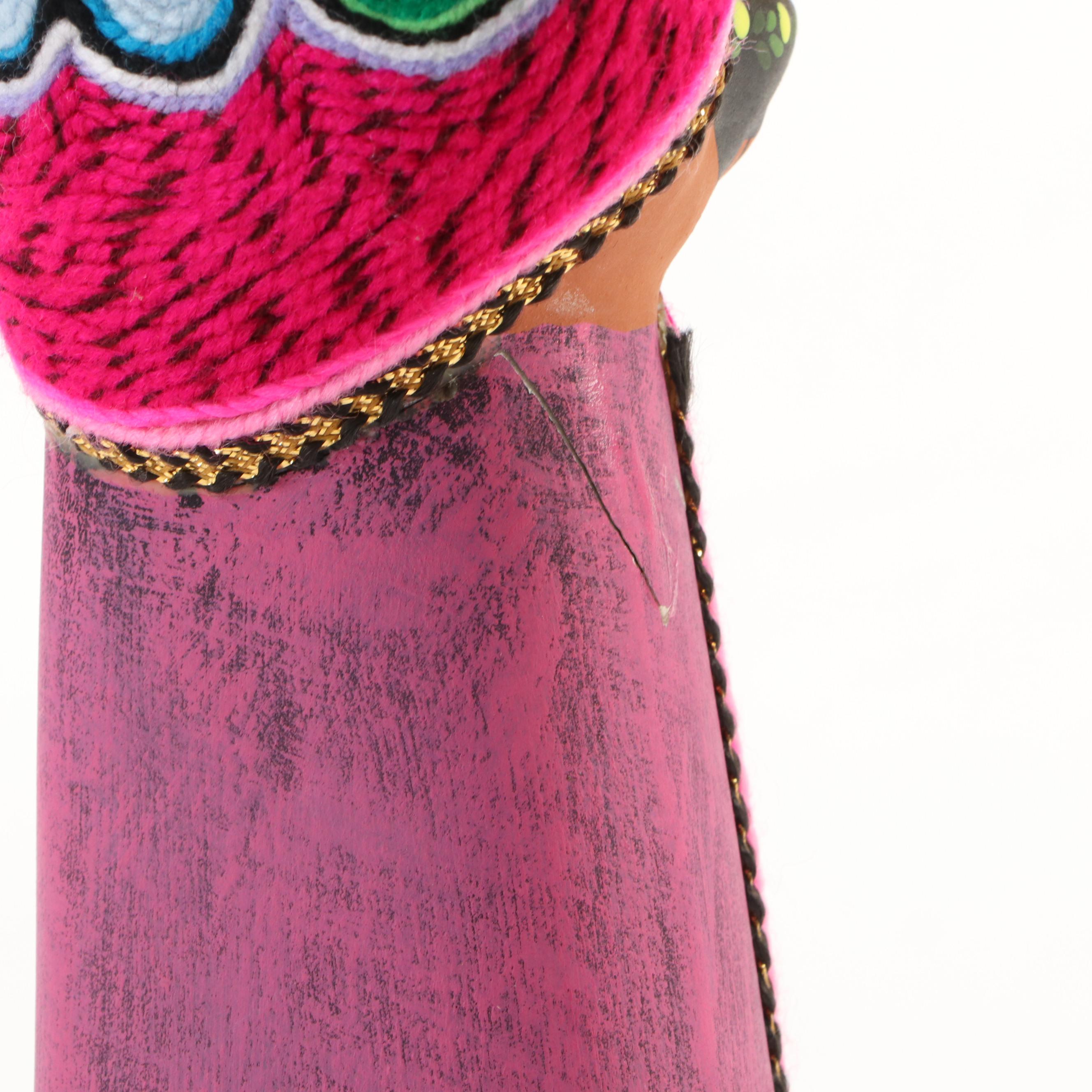 Mexican Huichol Yarn Painting and Red Clay Maria with Flowers Figure