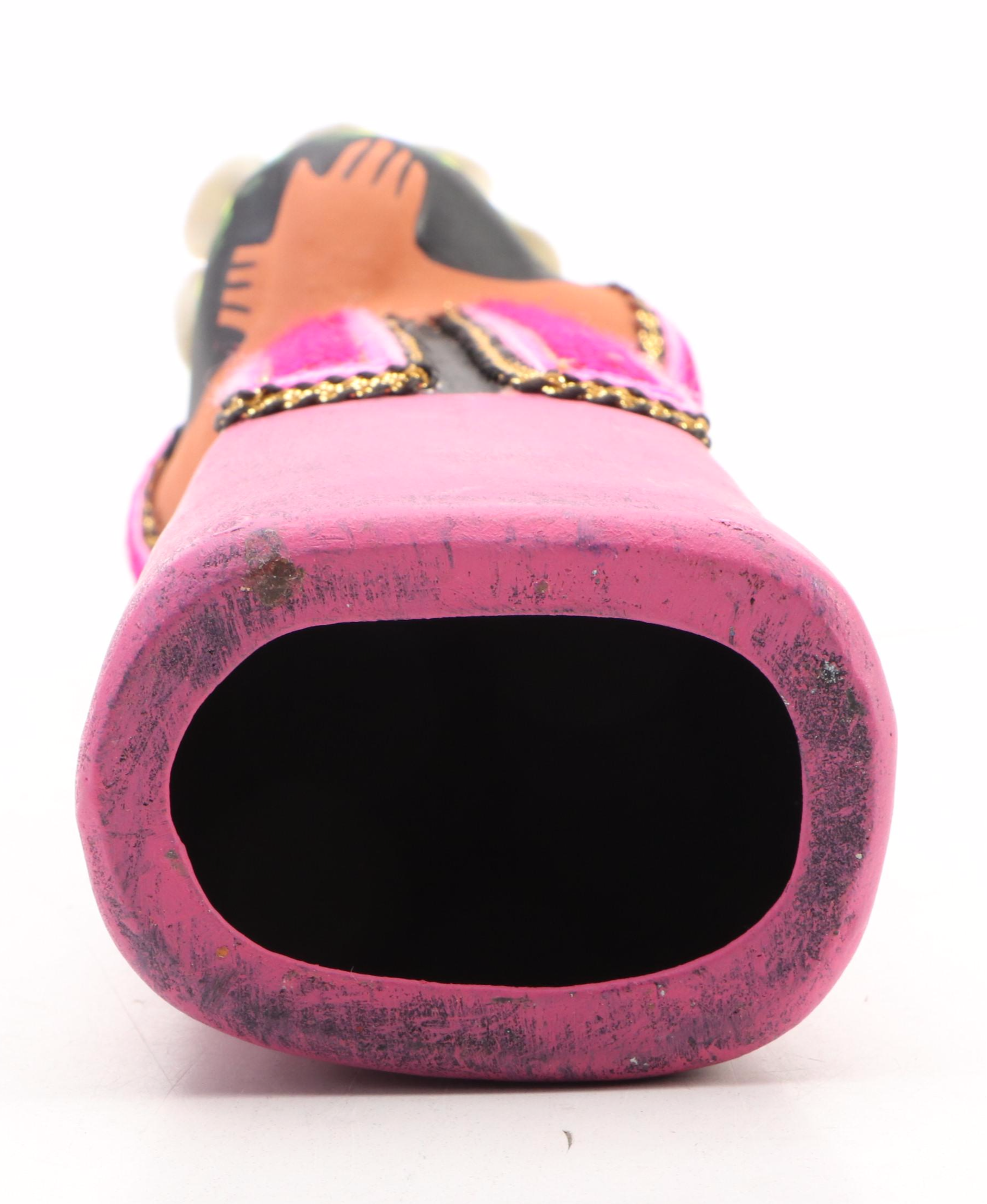 Mexican Huichol Yarn Painting and Red Clay Maria with Flowers Figure