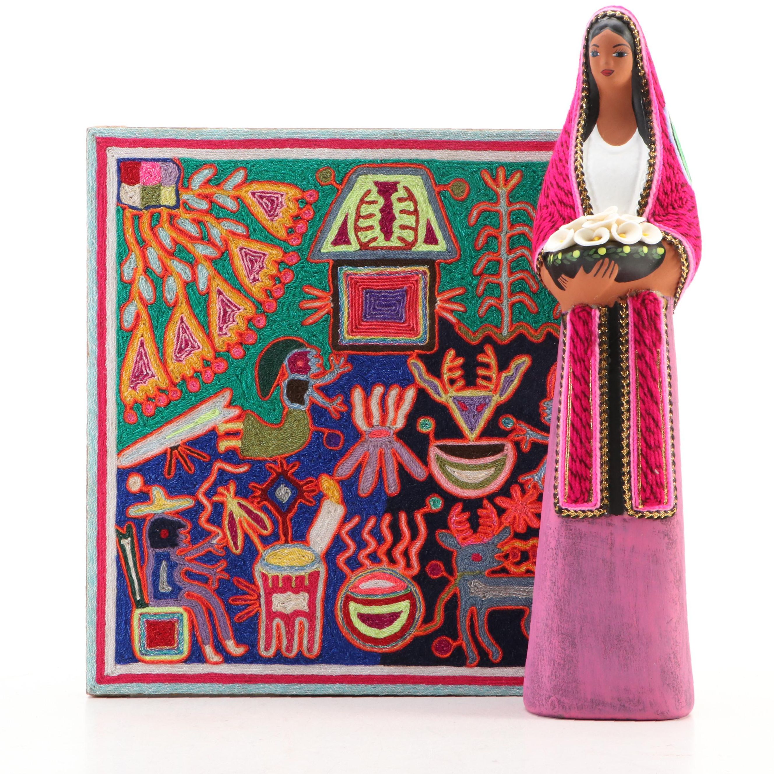 Mexican Huichol Yarn Painting and Red Clay Maria with Flowers Figure