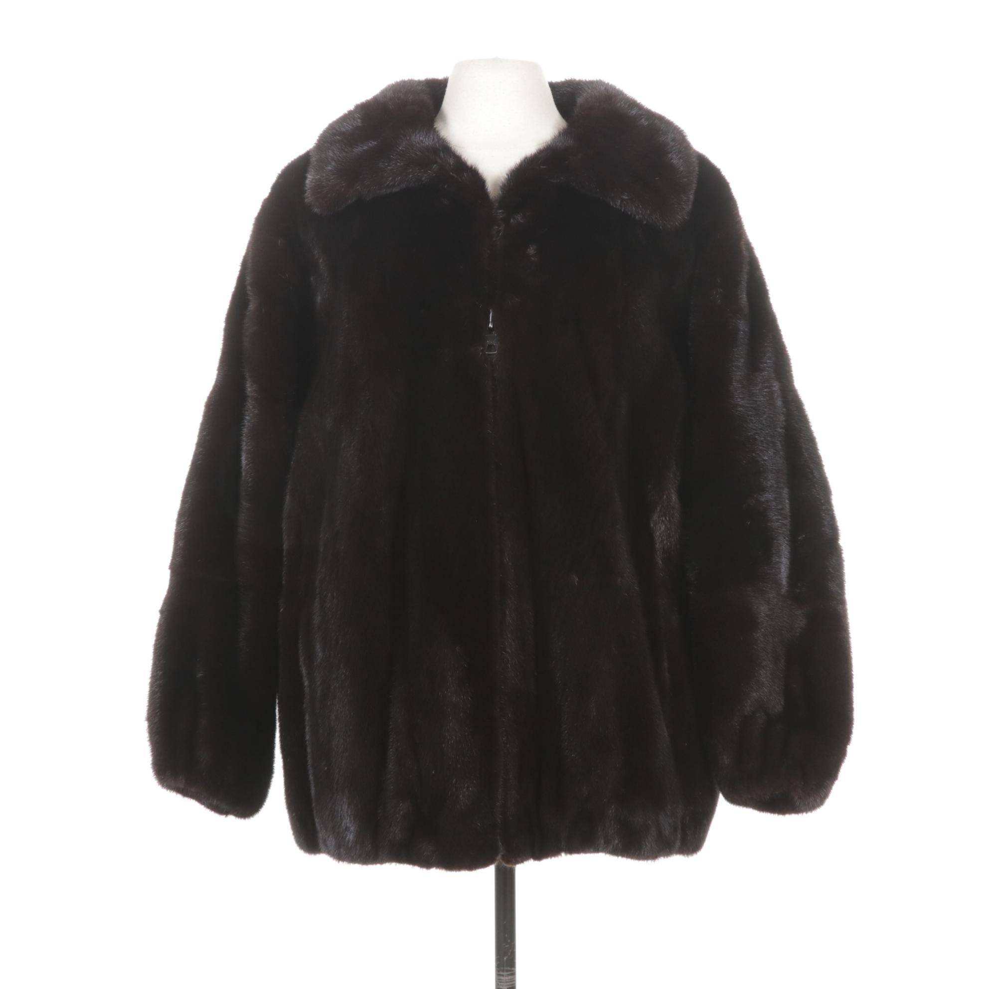 Espresso Mink Fur Jacket with Dolman Sleeves and Zip Front