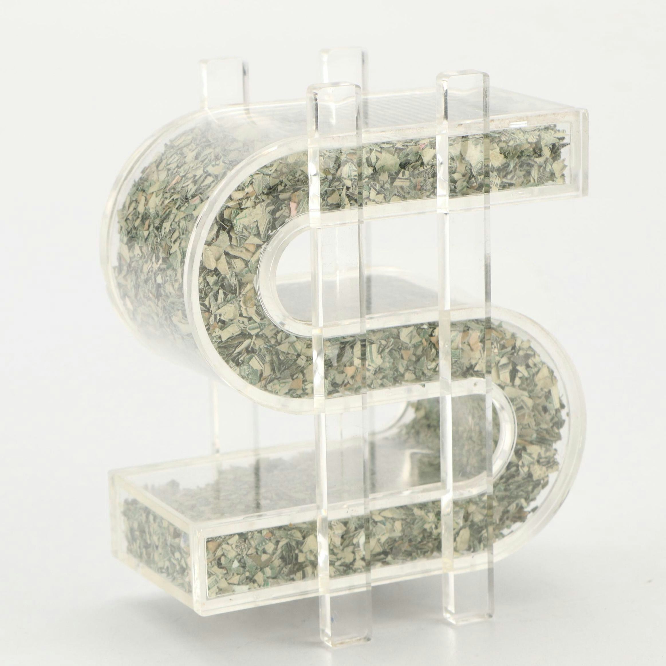 Instant Fortunes Inc. Shredded U.S Currency in Acrylic Dollar Sign
