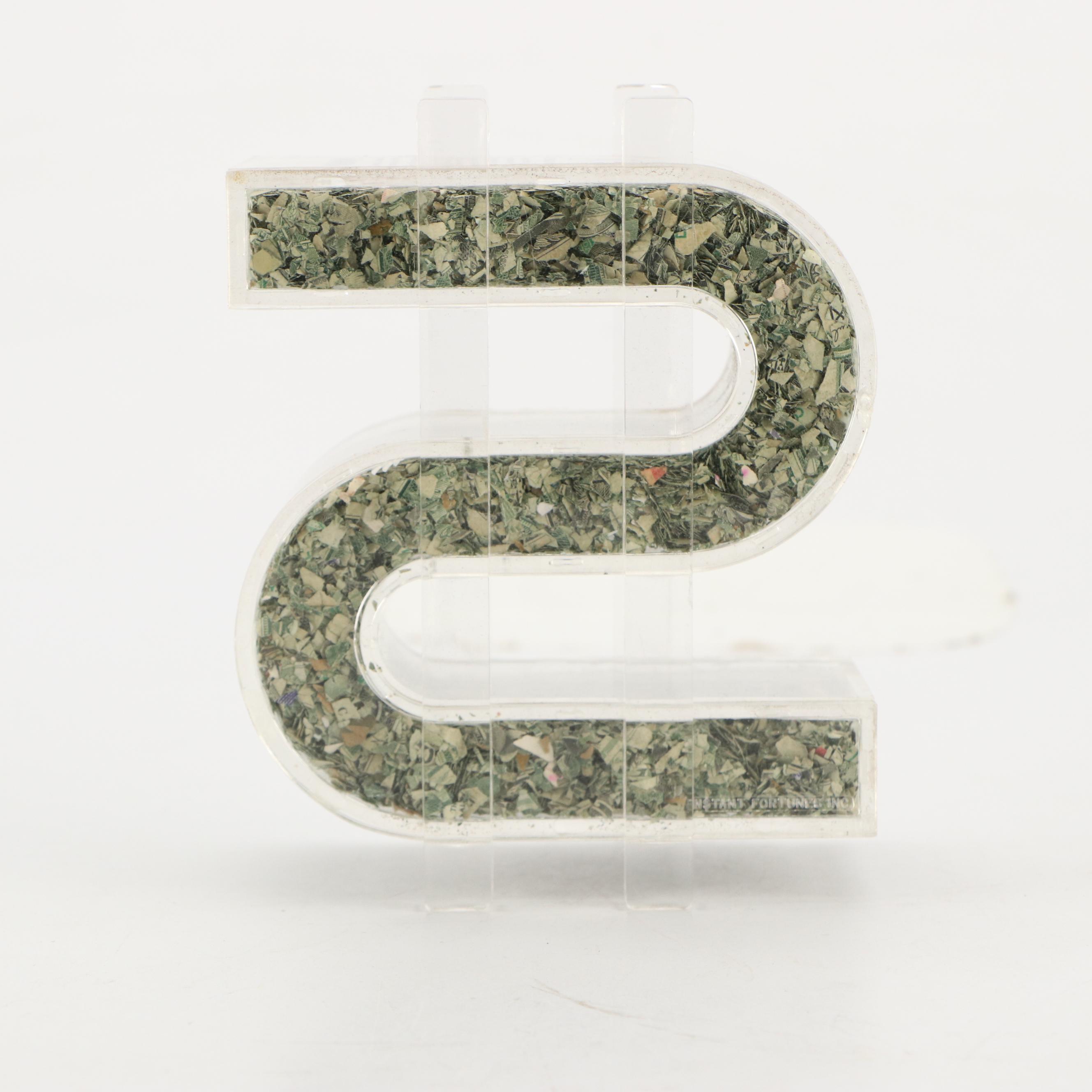 Instant Fortunes Inc. Shredded U.S Currency in Acrylic Dollar Sign