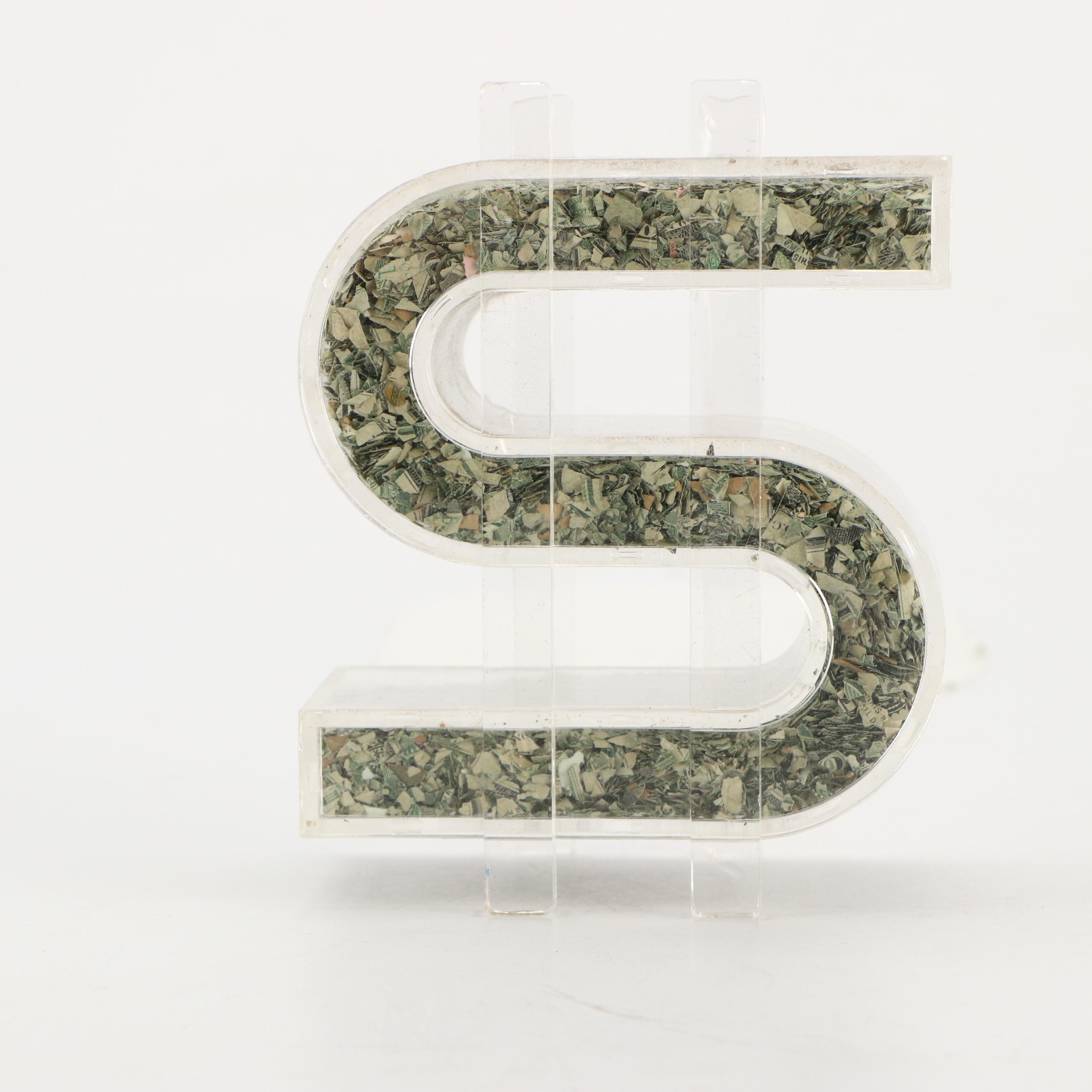 Instant Fortunes Inc. Shredded U.S Currency in Acrylic Dollar Sign