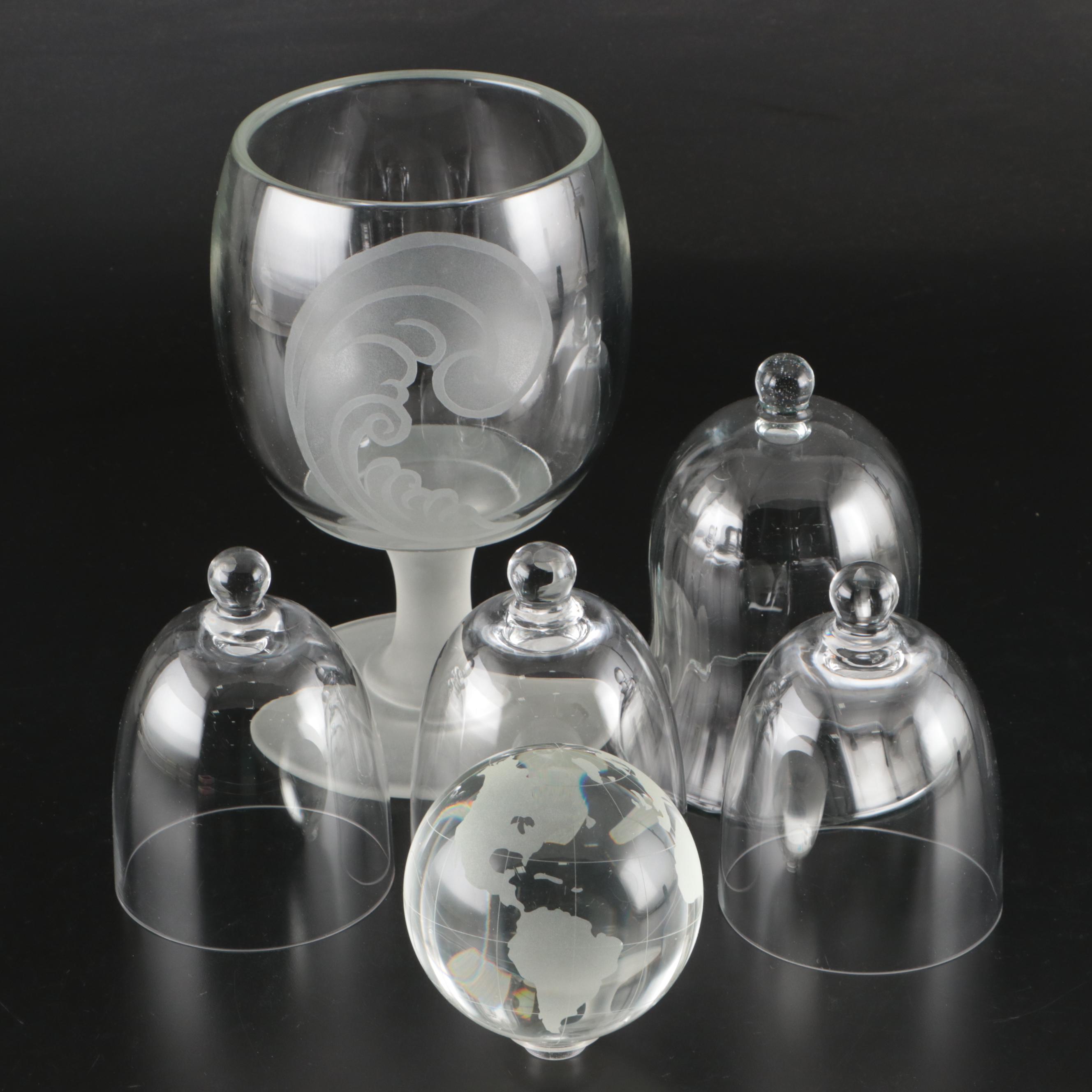 Etched Crystal Globe with Glass Pedestal Bowl and Glass Cloche Domes