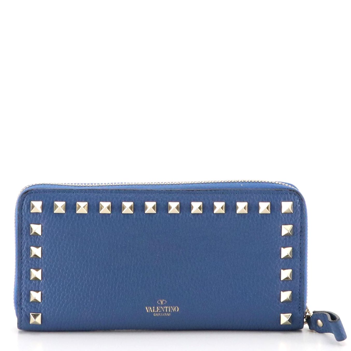 Valentino Garavani Rockstud Zip-Around Wallet in Blue Grained Leather