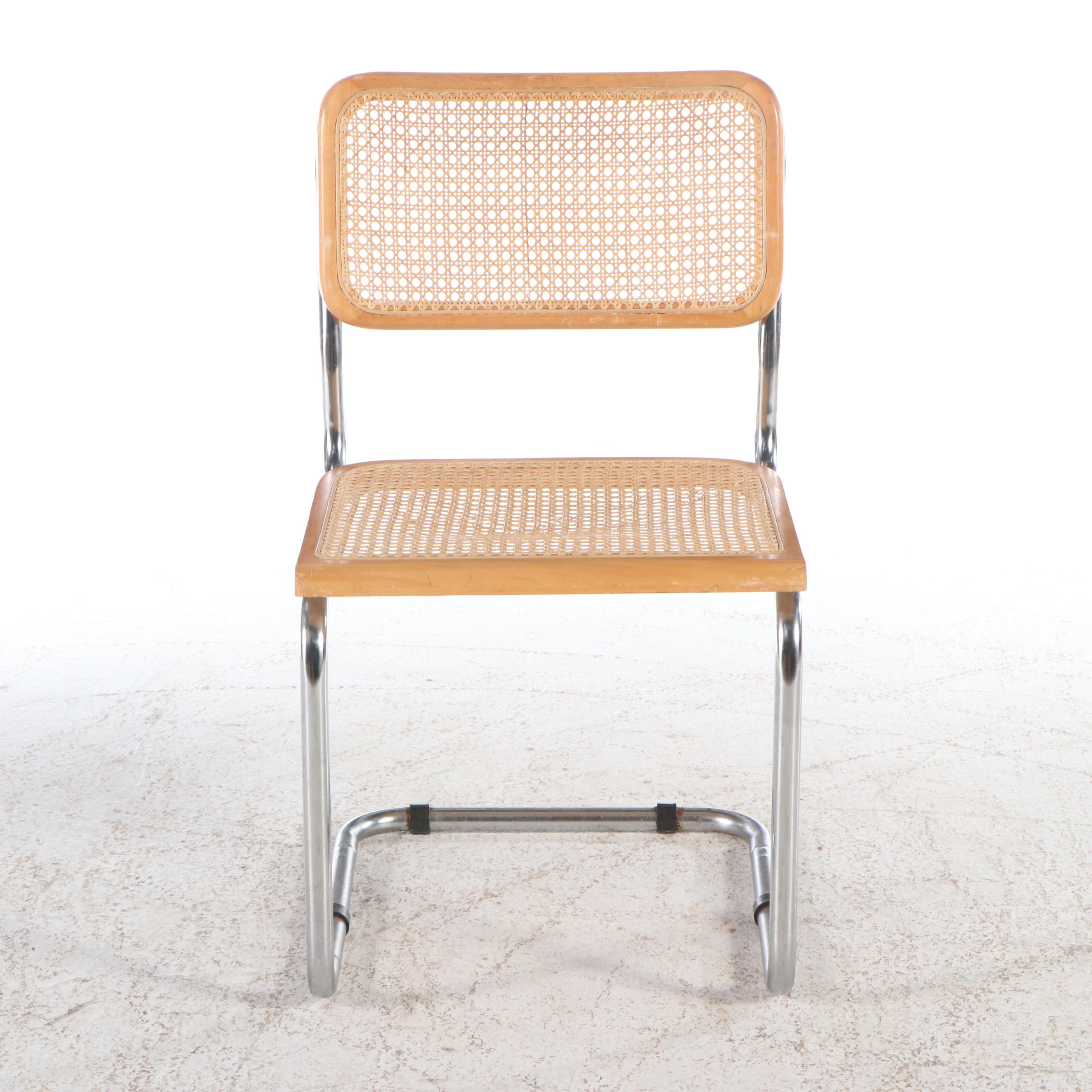 Cantilevered Chrome and Caned Wood Side Chair, Manner of Marcel Breuer