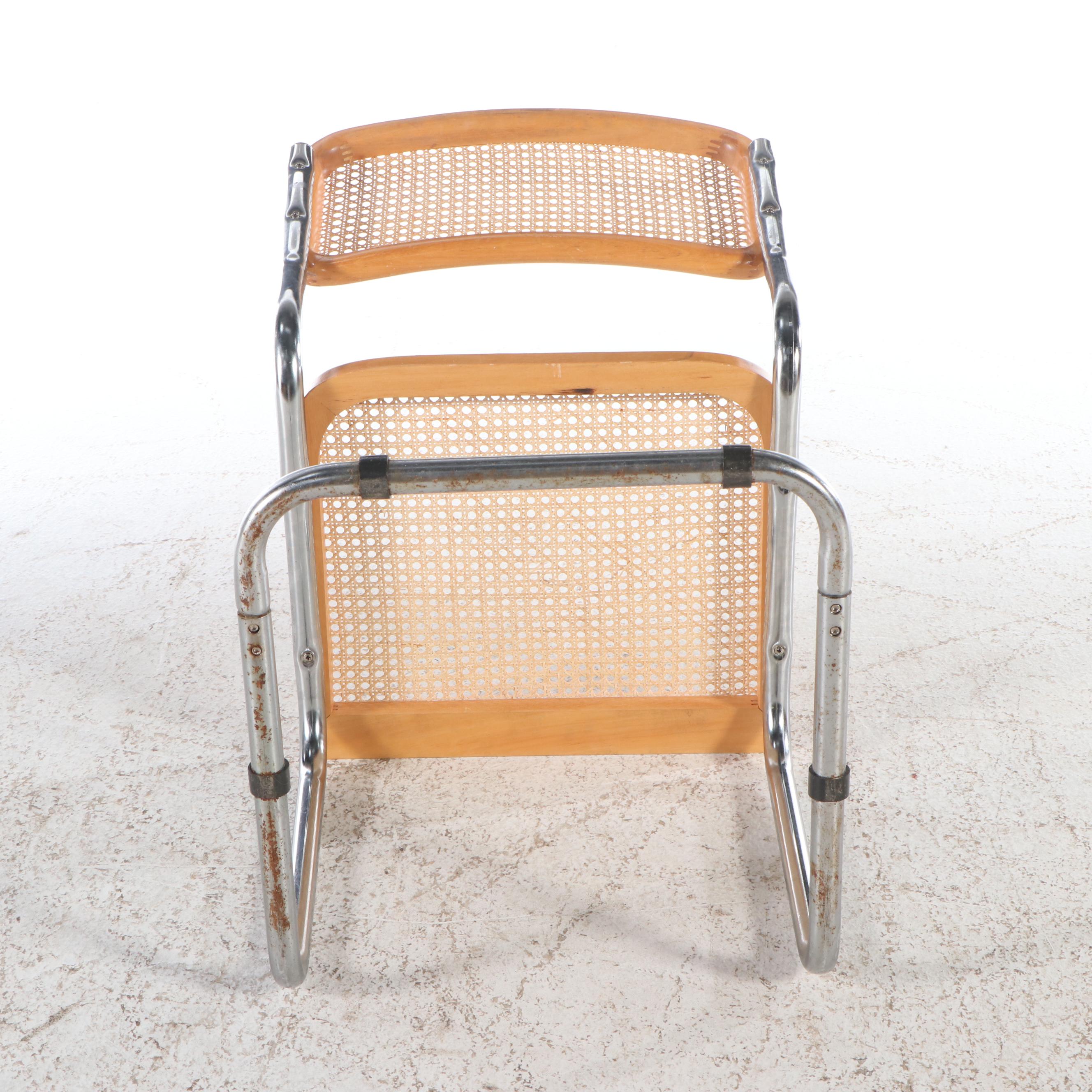 Cantilevered Chrome and Caned Wood Side Chair, Manner of Marcel Breuer