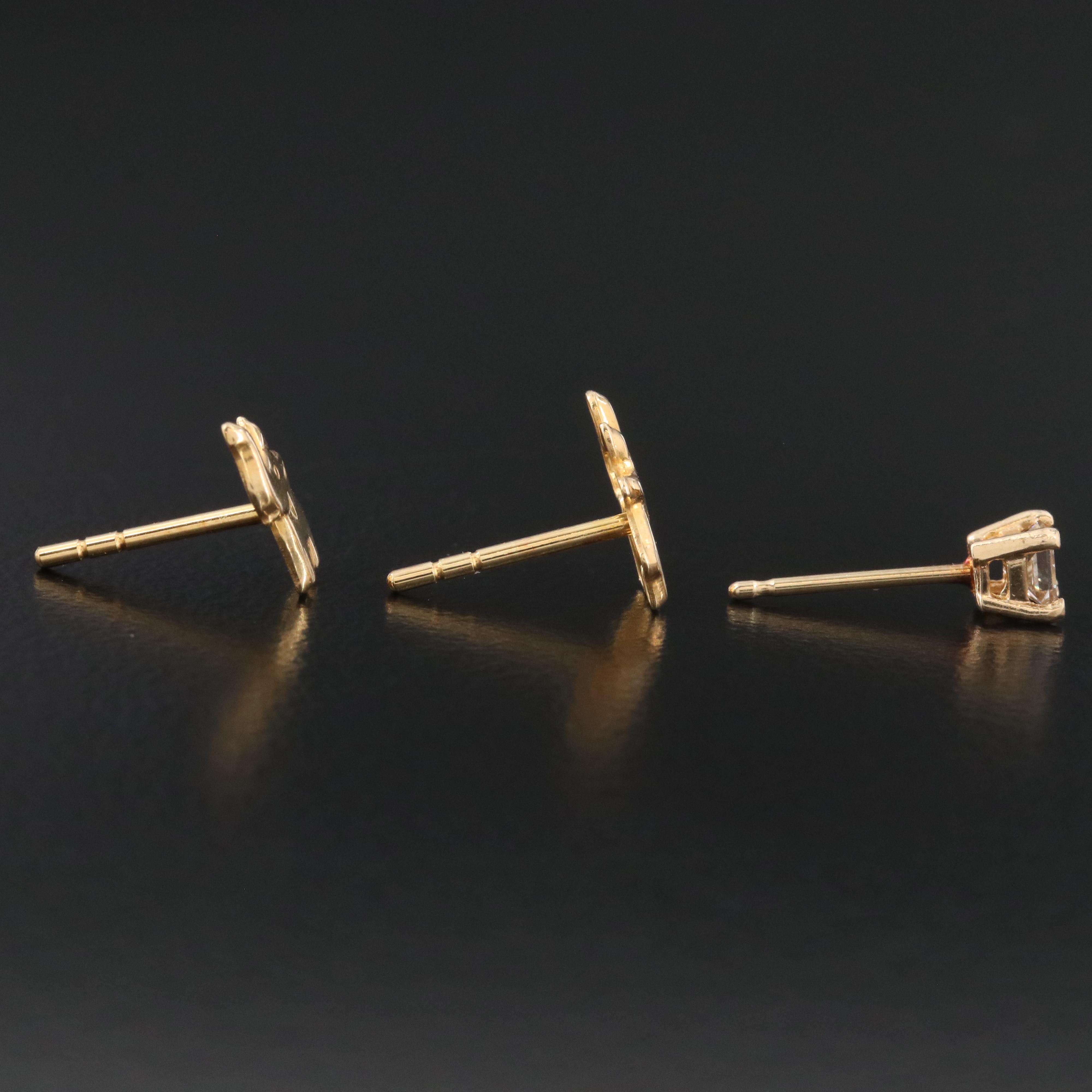 14K Children's Lucky Elephant Earrings and Single CT Diamond Stud