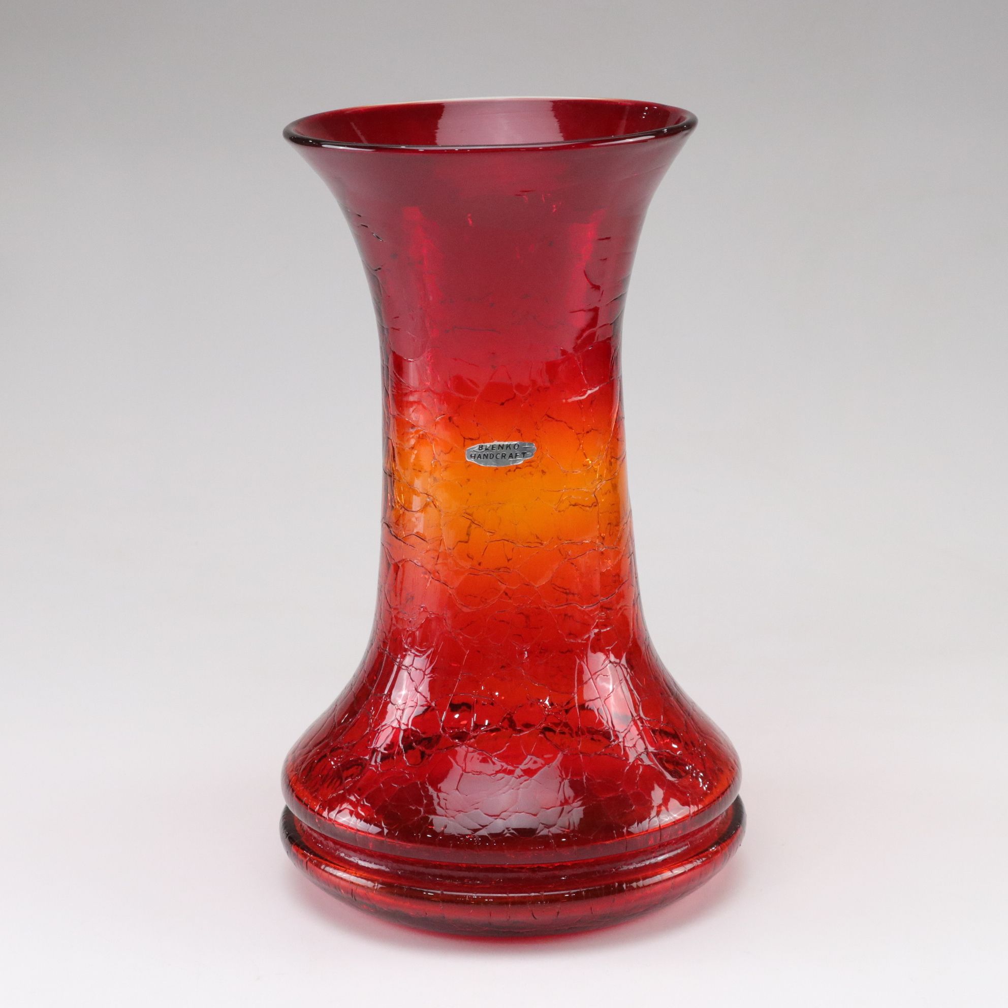 Blenko Amberina Crackle Glass Vase With Deep Grooved Bottom Edge