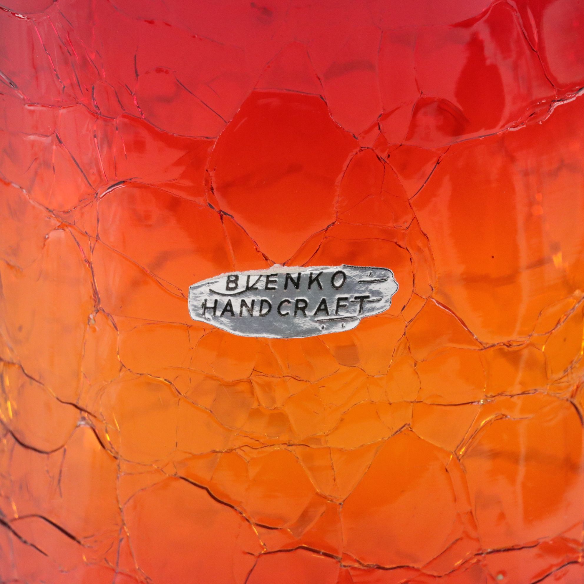 Blenko Amberina Crackle Glass Vase With Deep Grooved Bottom Edge