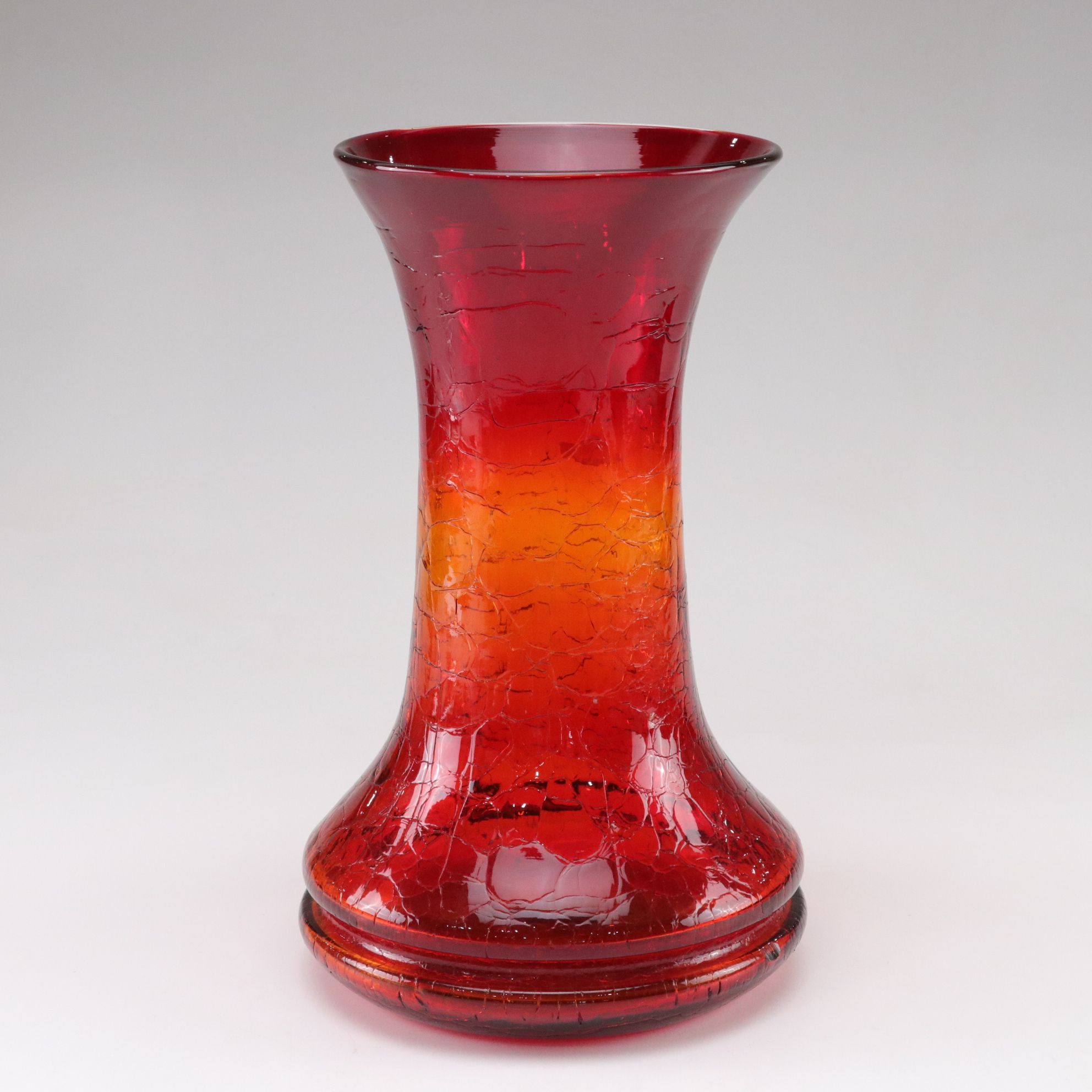 Blenko Amberina Crackle Glass Vase With Deep Grooved Bottom Edge