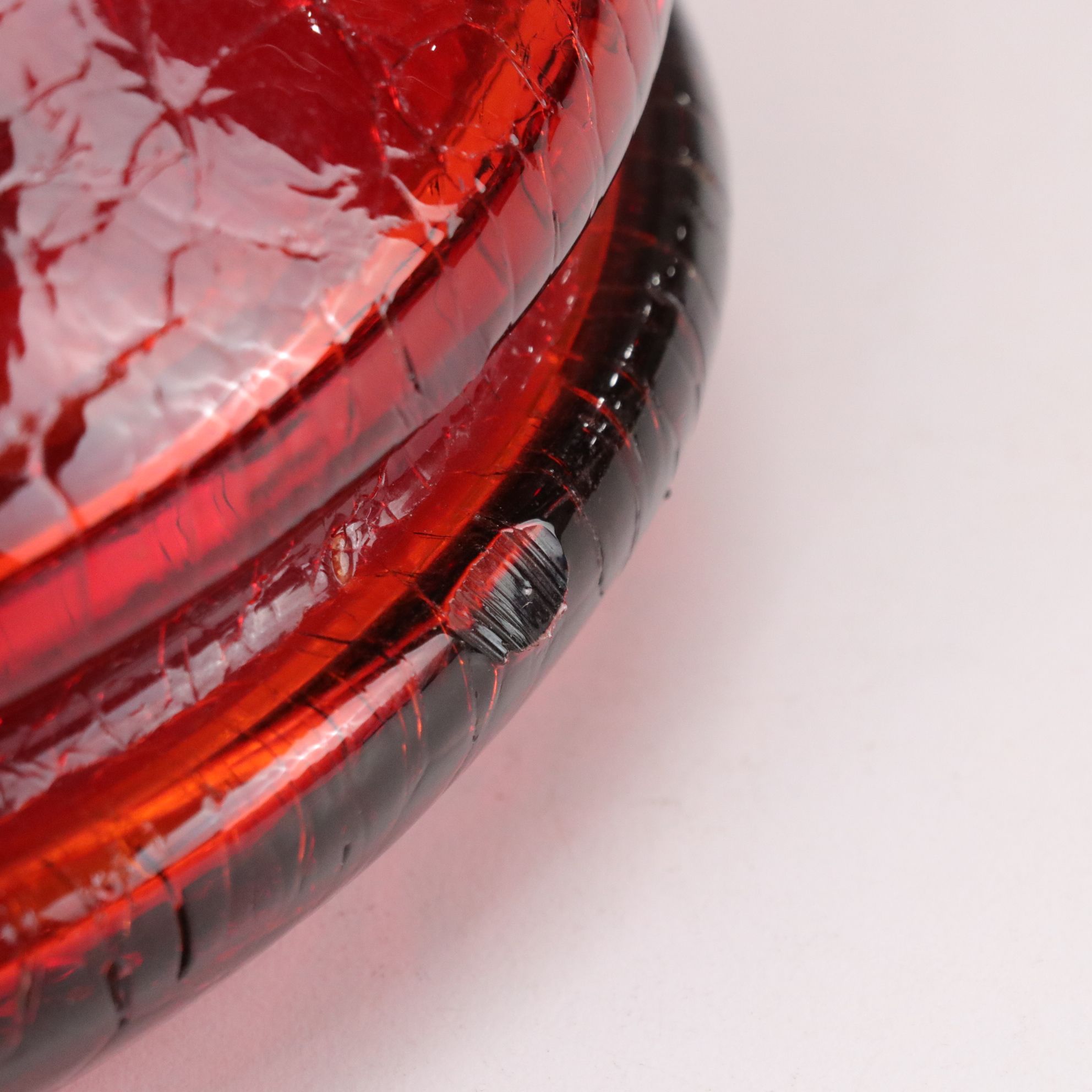 Blenko Amberina Crackle Glass Vase With Deep Grooved Bottom Edge