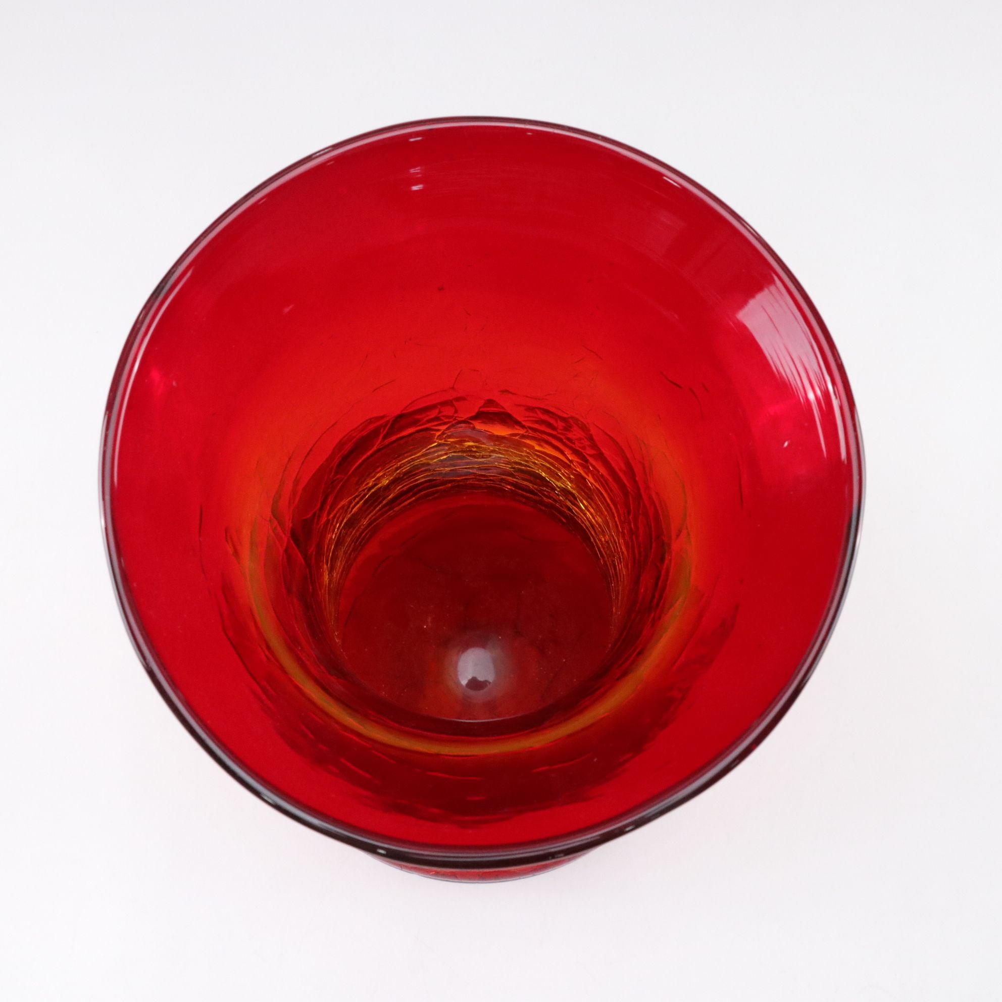 Blenko Amberina Crackle Glass Vase With Deep Grooved Bottom Edge