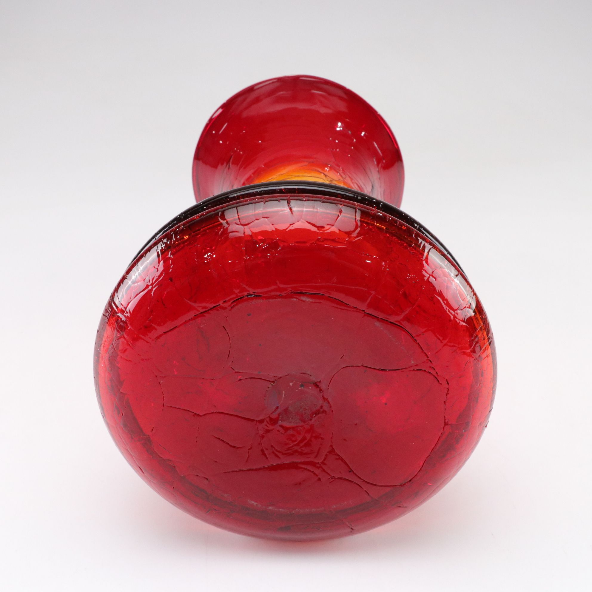 Blenko Amberina Crackle Glass Vase With Deep Grooved Bottom Edge