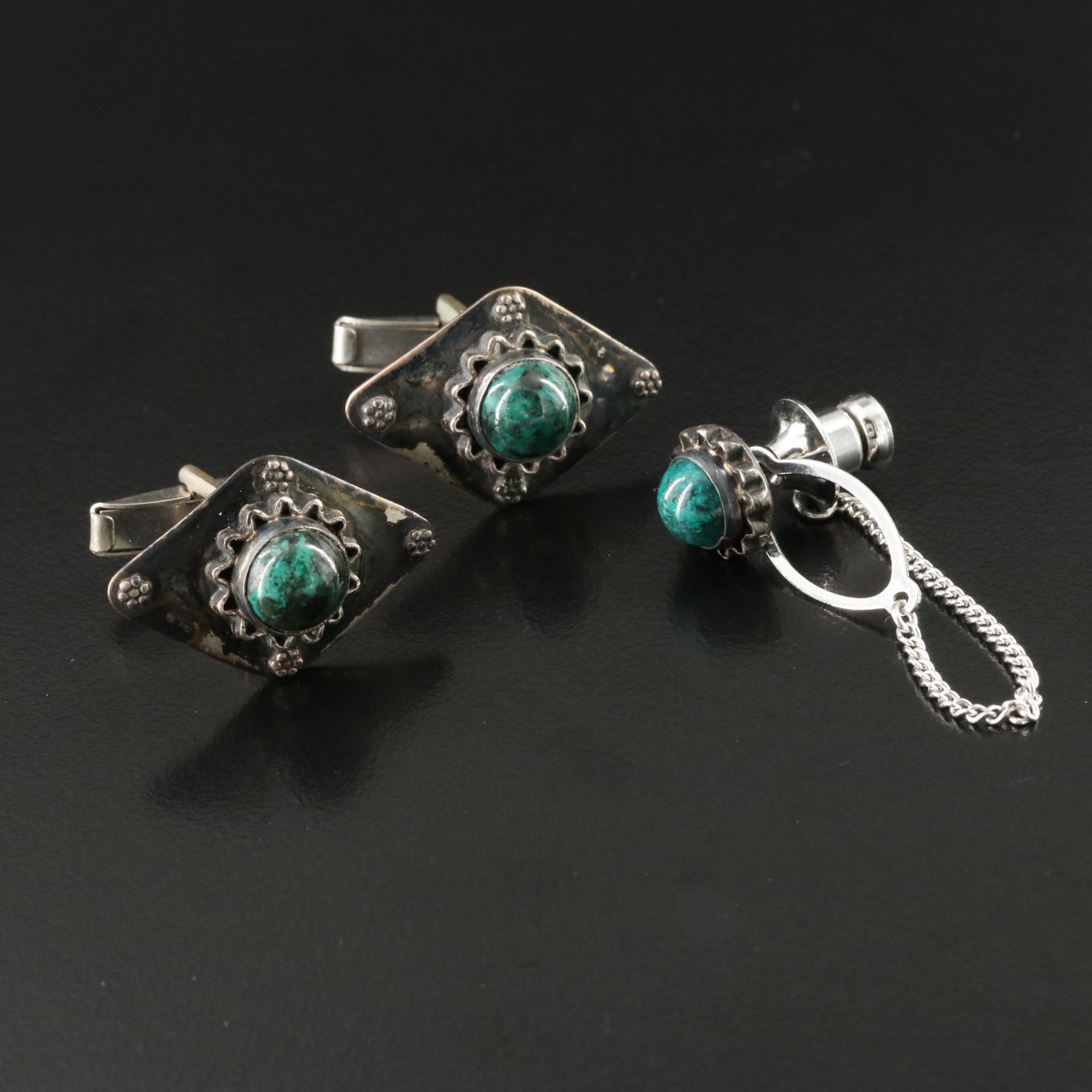 Israeli Sterling Eilat Stone Cufflink and Pin Set