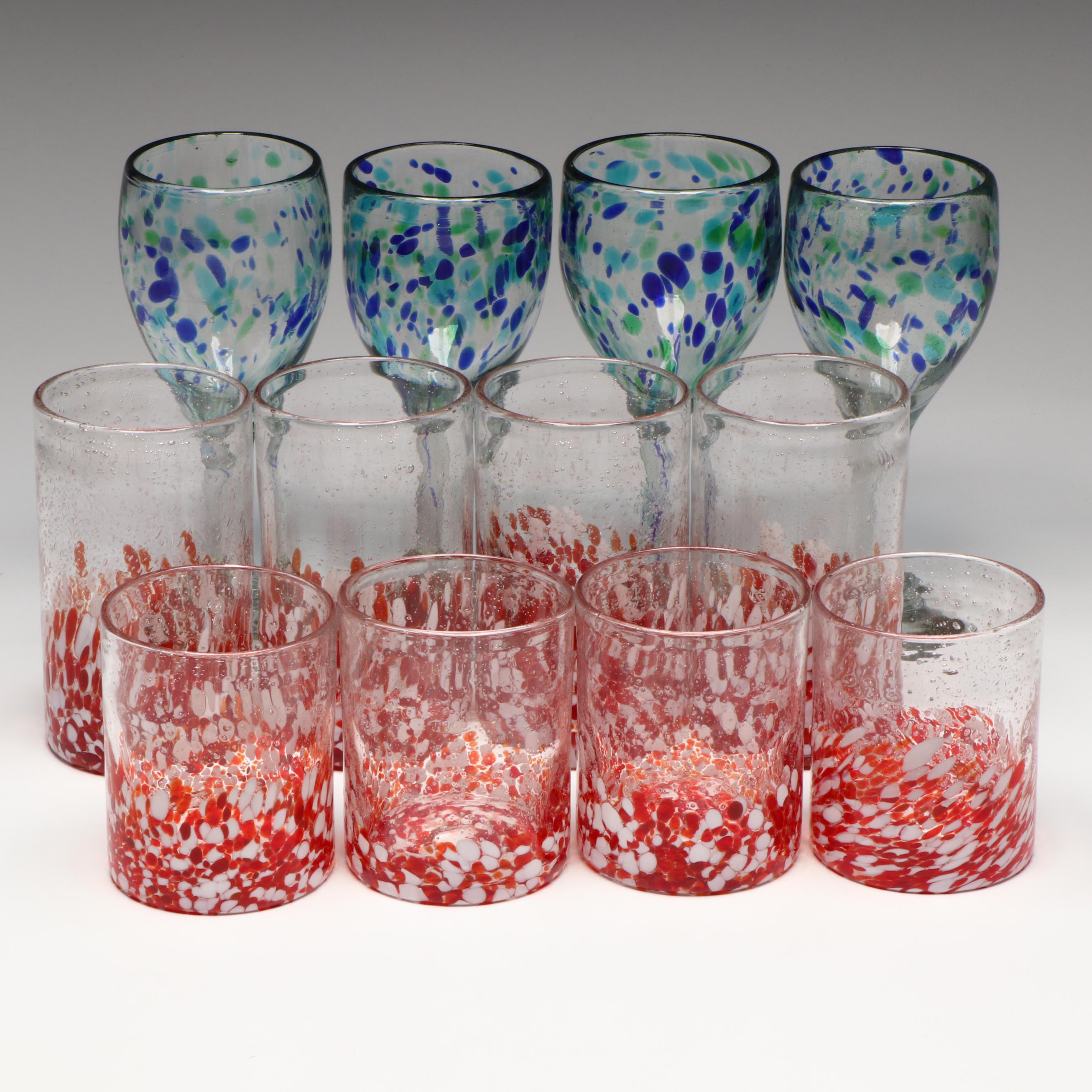 St. Nicolas Square "Jolly" Glass Tumblers with Blue Speckled Wine Glasses