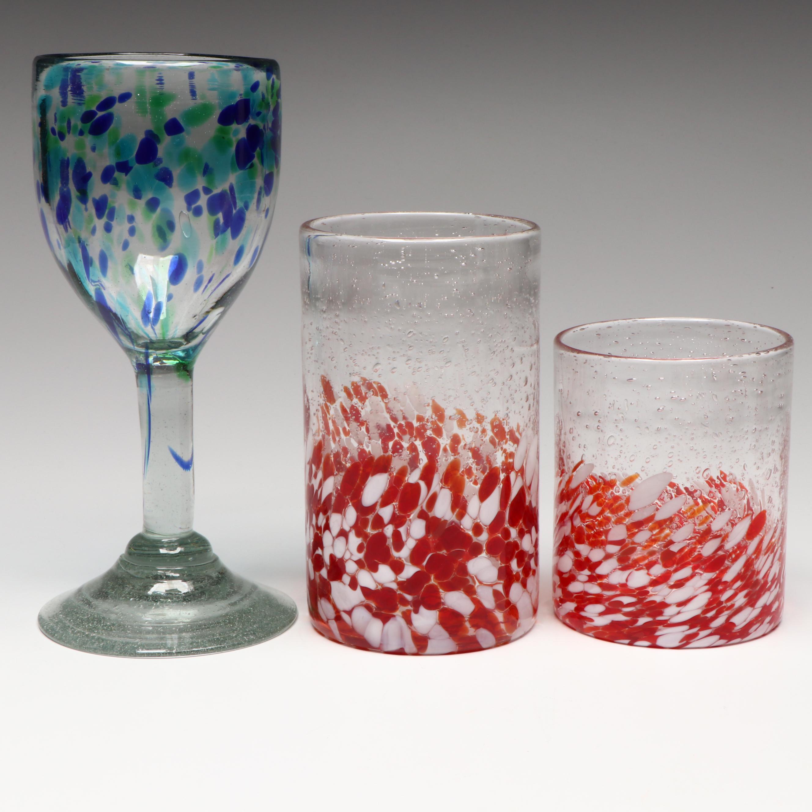 St. Nicolas Square "Jolly" Glass Tumblers with Blue Speckled Wine Glasses