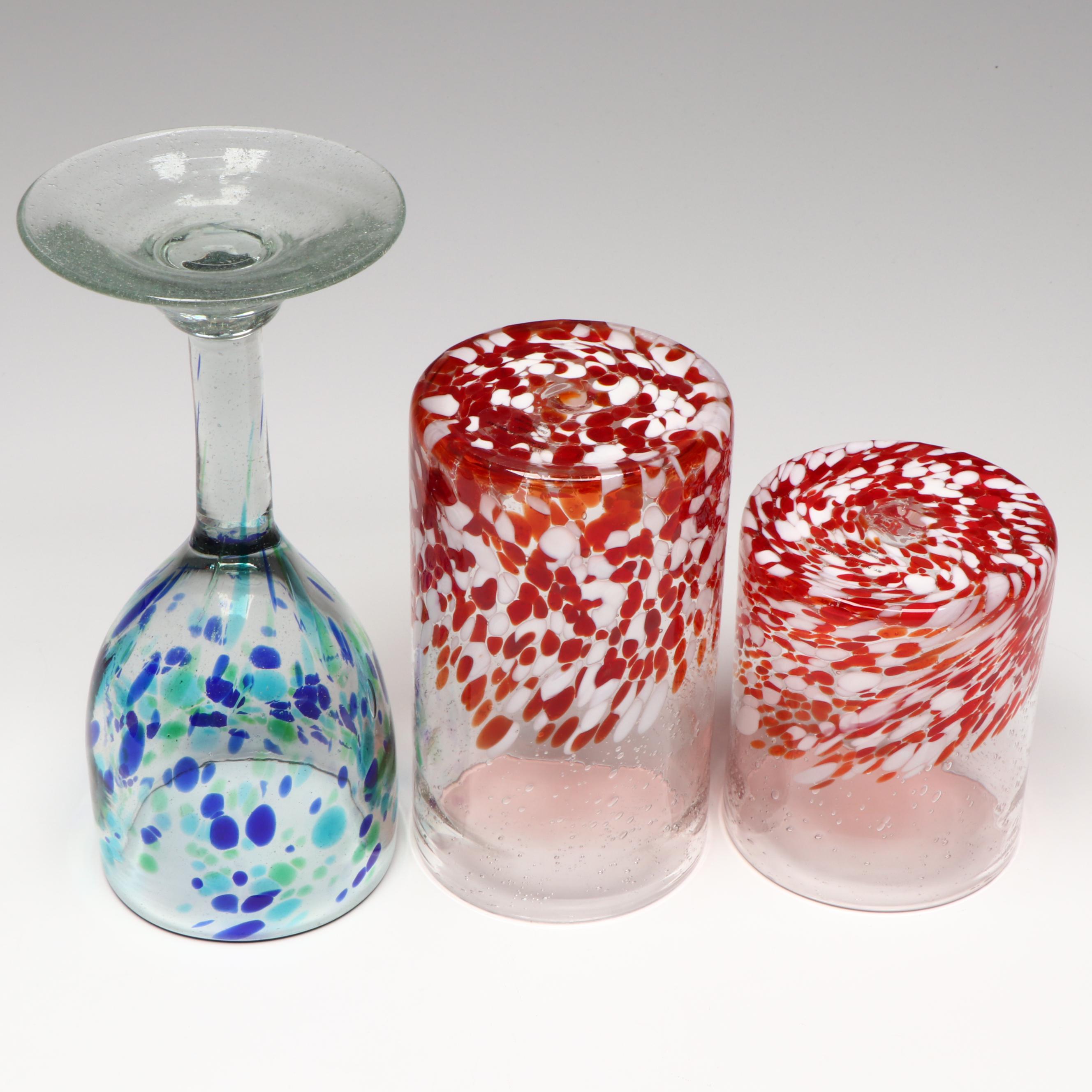 St. Nicolas Square "Jolly" Glass Tumblers with Blue Speckled Wine Glasses
