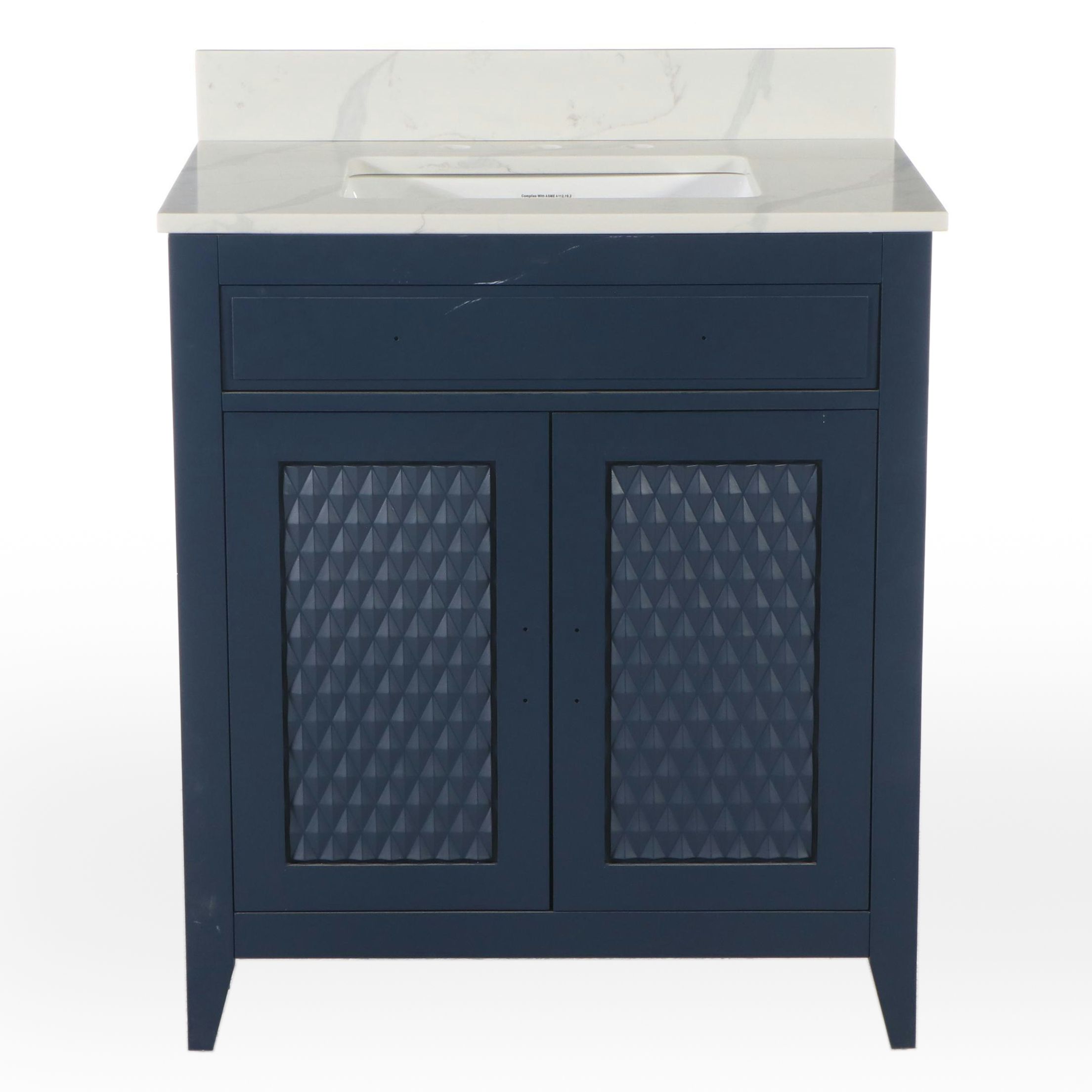Signature Hardware "Diamond" Marble and Blue-Painted Wood Bathroom Vanity