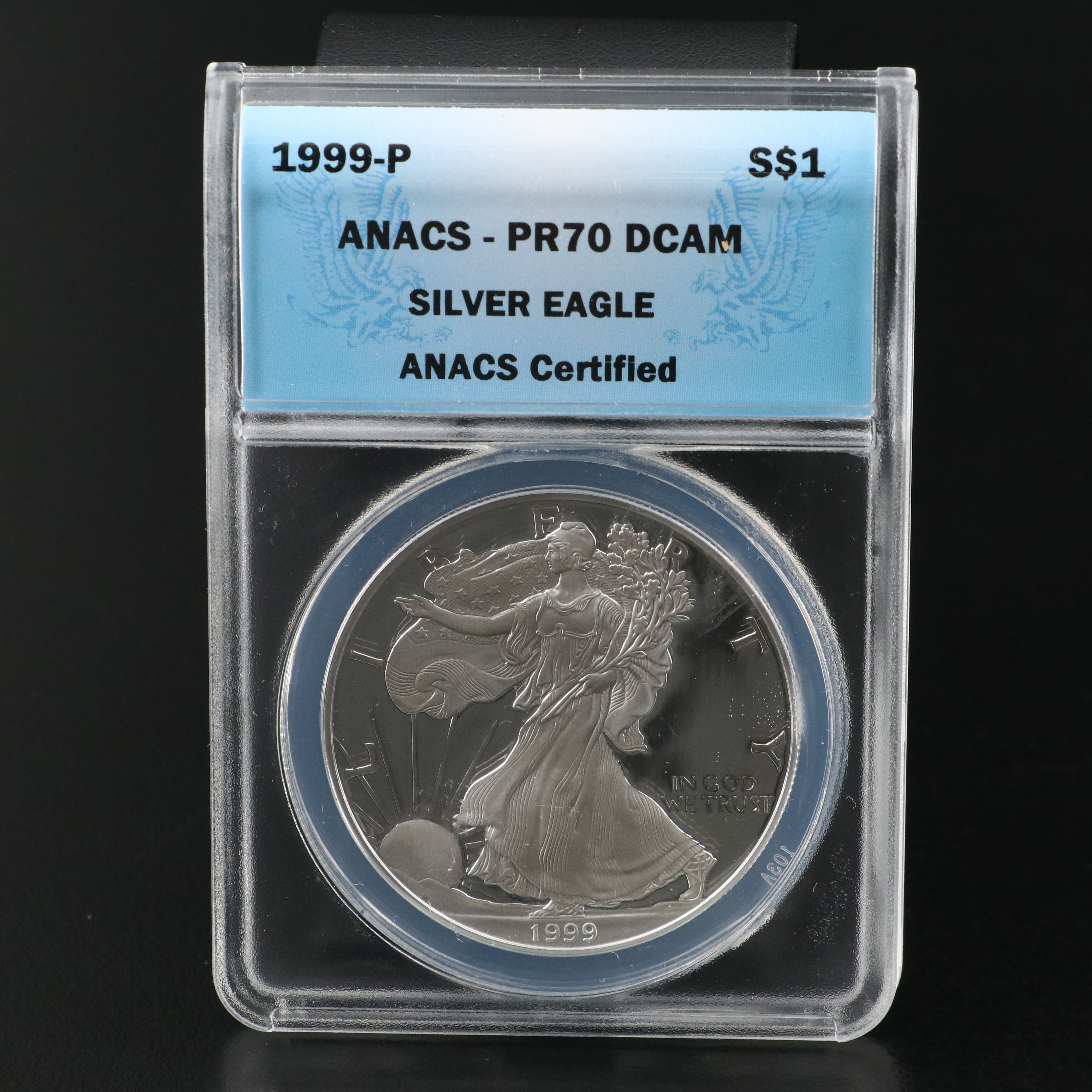ANACS Graded PR70 DCAM 1999-P $1 U.S. Silver Eagle Proof Coin