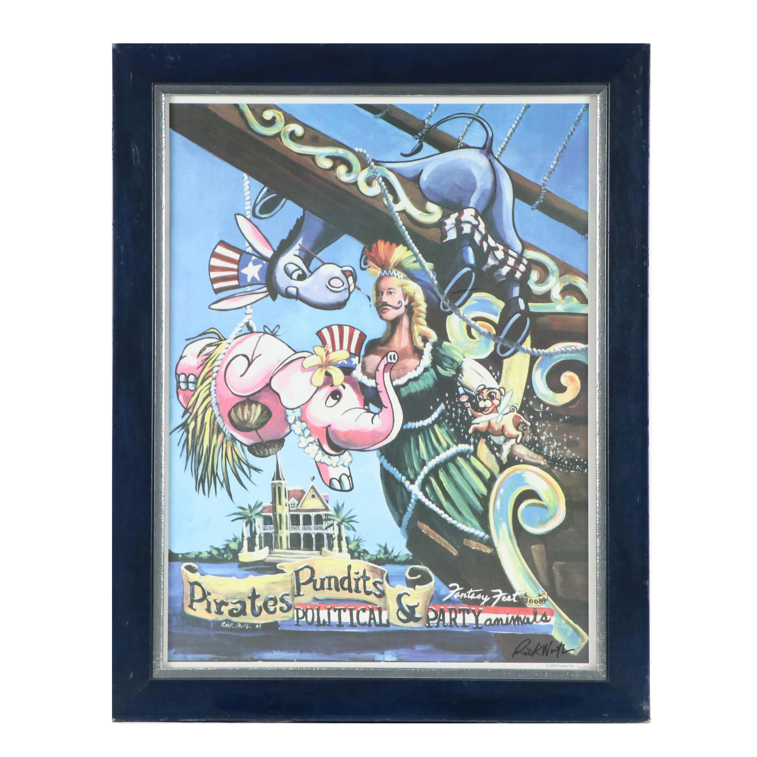 Rick Worth Fantasy Fest Offset Lithograph "Pirates, Pundits, and Party Animals"