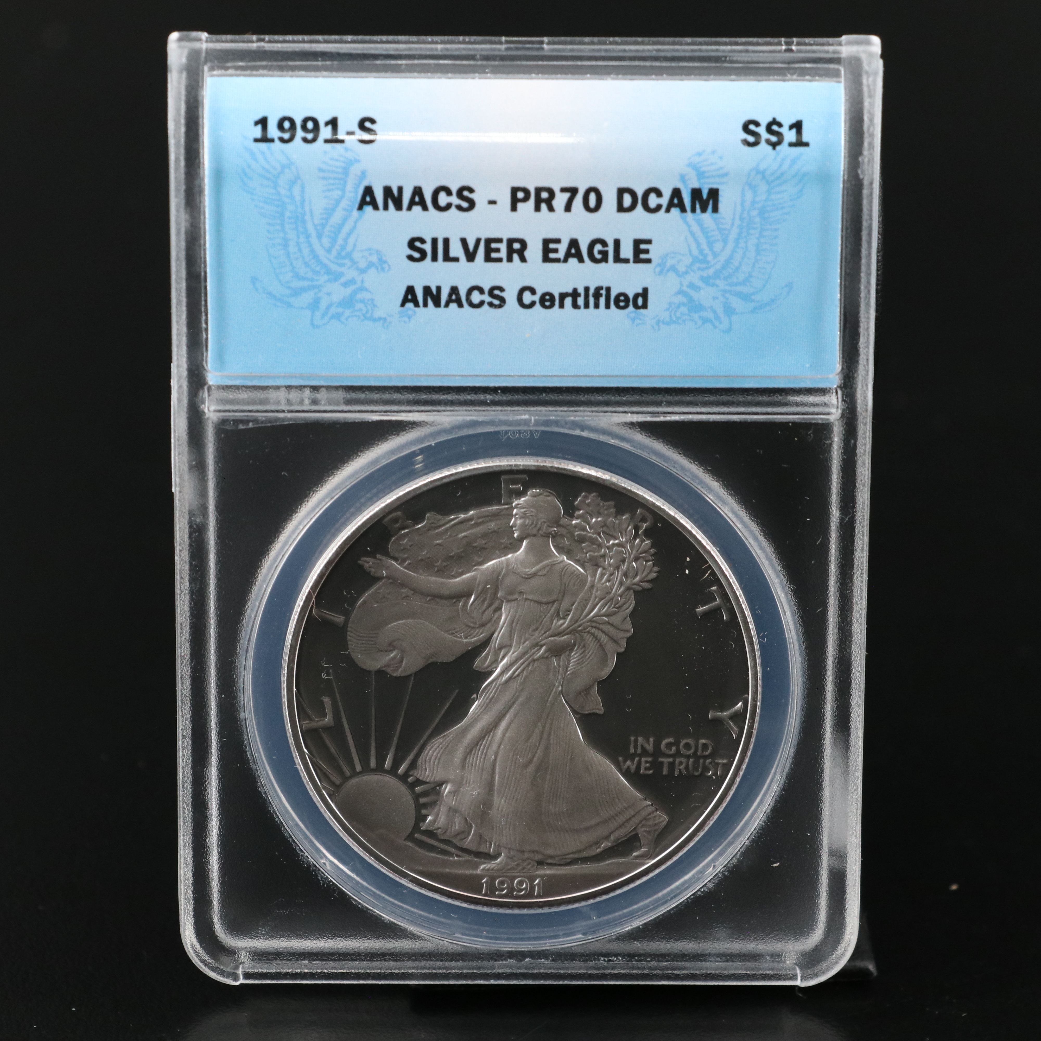 ANACS Graded PR70 DCAM 1991-S $1 U.S. Silver Eagle Proof Coin