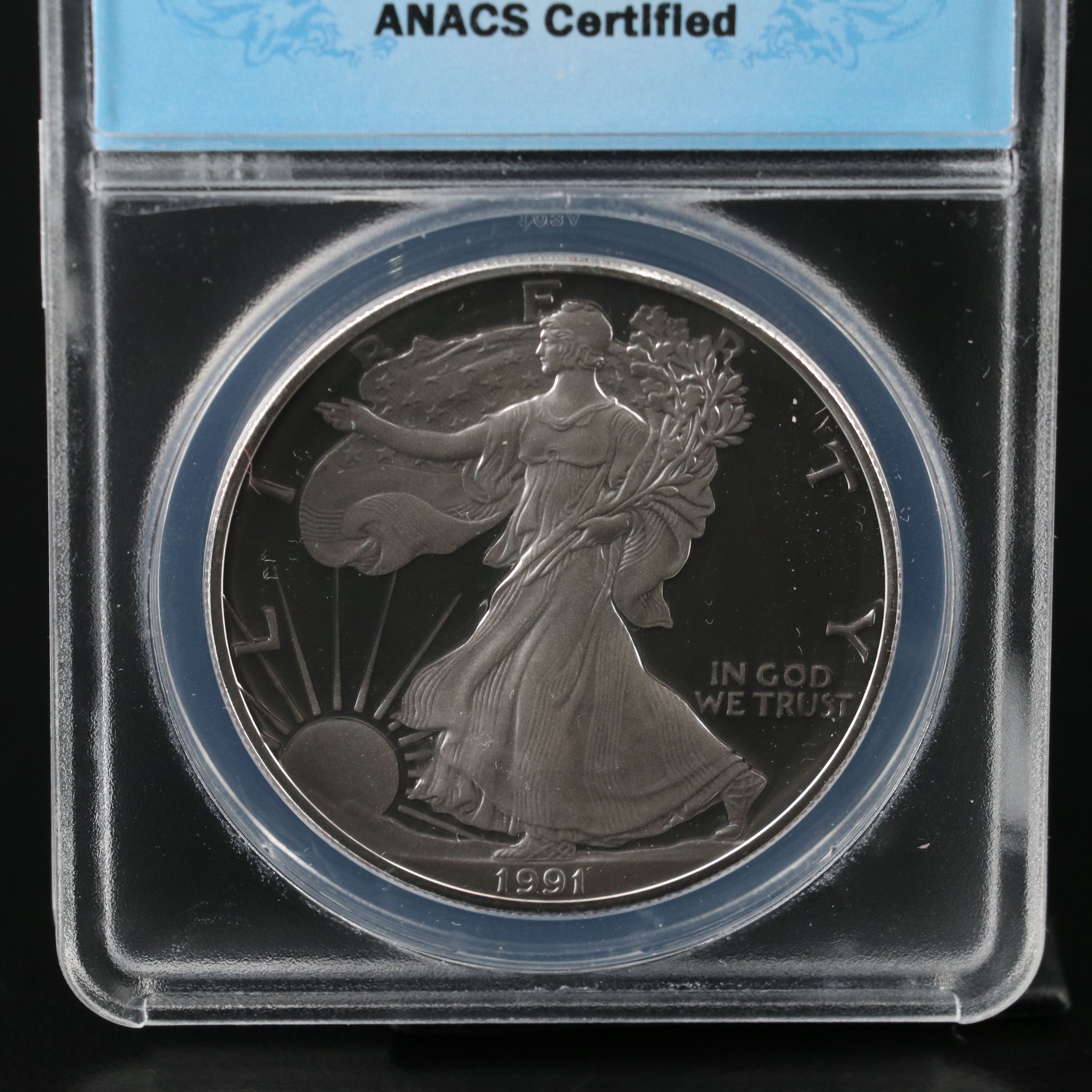 ANACS Graded PR70 DCAM 1991-S $1 U.S. Silver Eagle Proof Coin