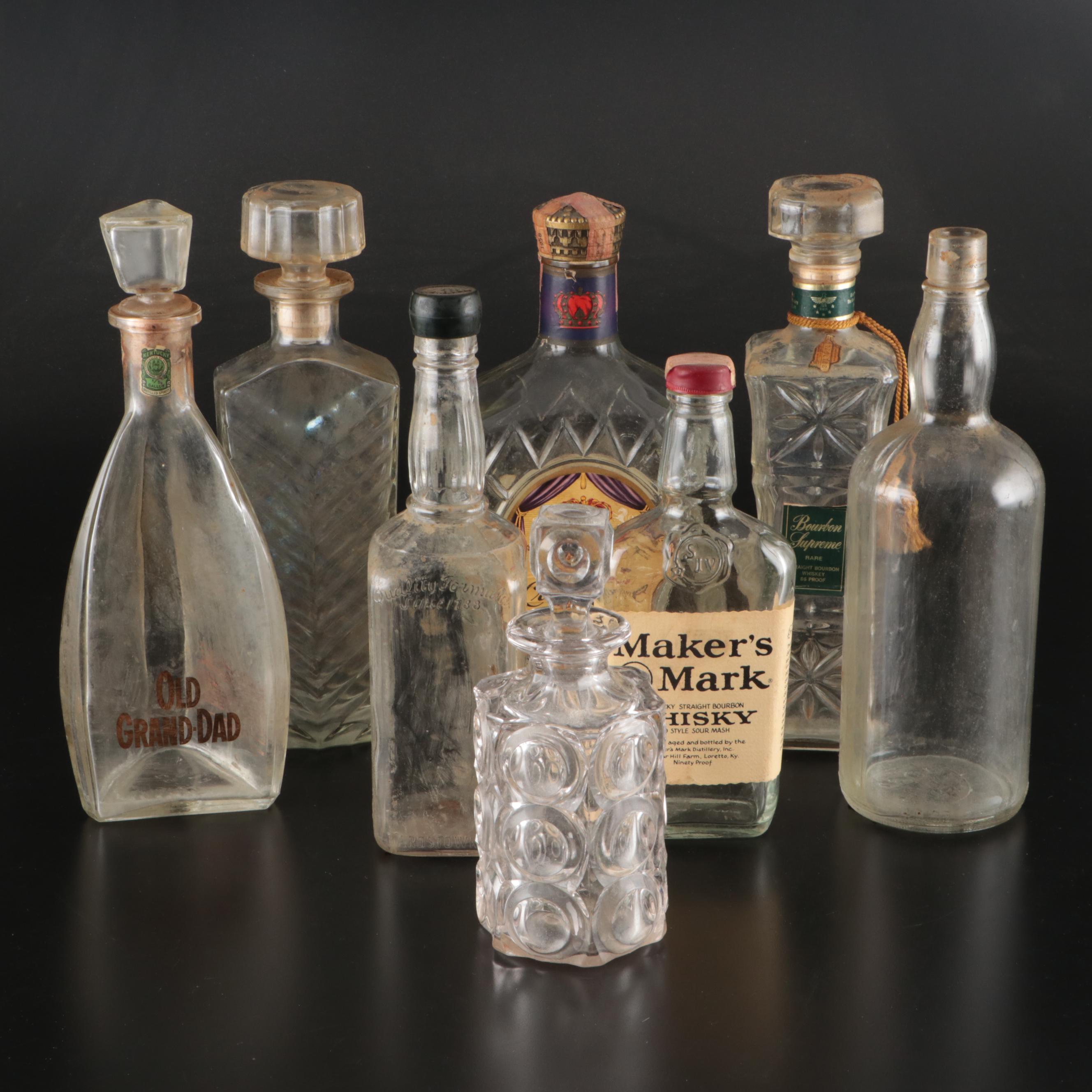 Old Grand-Dad, Seagram's Crown Royal and Other Glass Whiskey Bottles