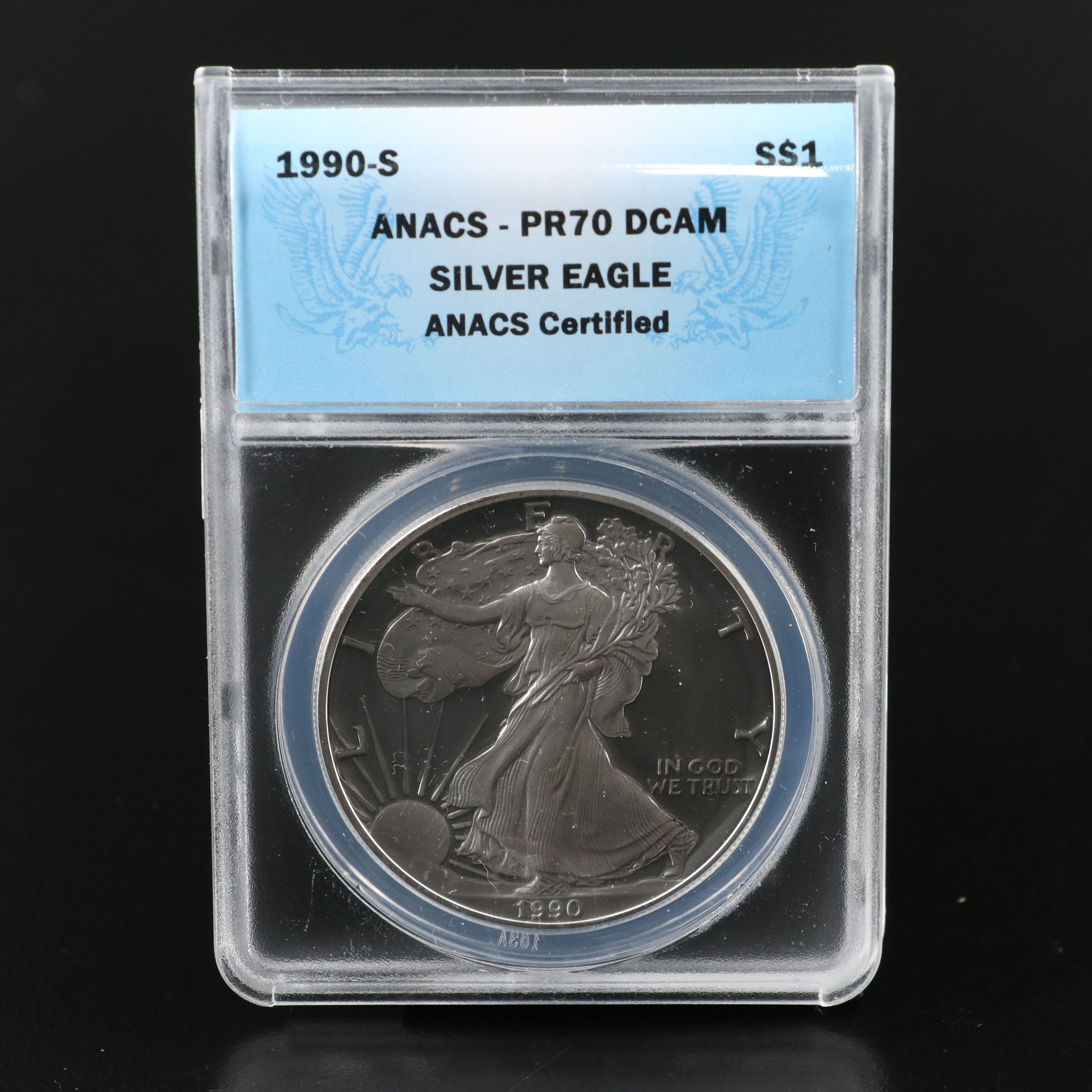 ANACS Graded PR70 DCAM 1990-S $1 U.S. Silver Eagle Proof Coin